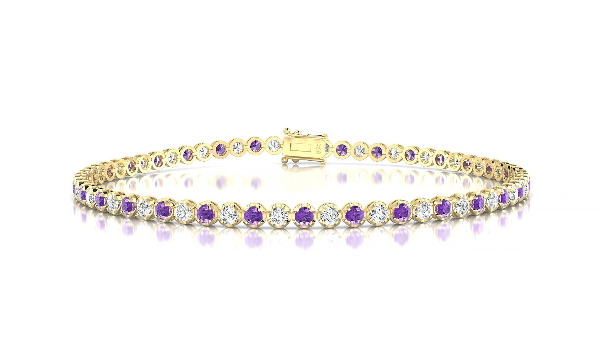 Bengal 1-1 | 18k Yellow Gold 2 mm Round Natural Amethyst & Diamond 15 cm Tennis Bracelet