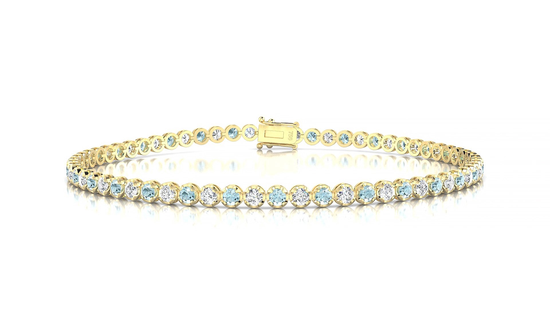 Bengal 1-1 | 18k Yellow Gold 2 mm Round Natural Aquamarine & Diamond 15 cm Tennis Bracelet