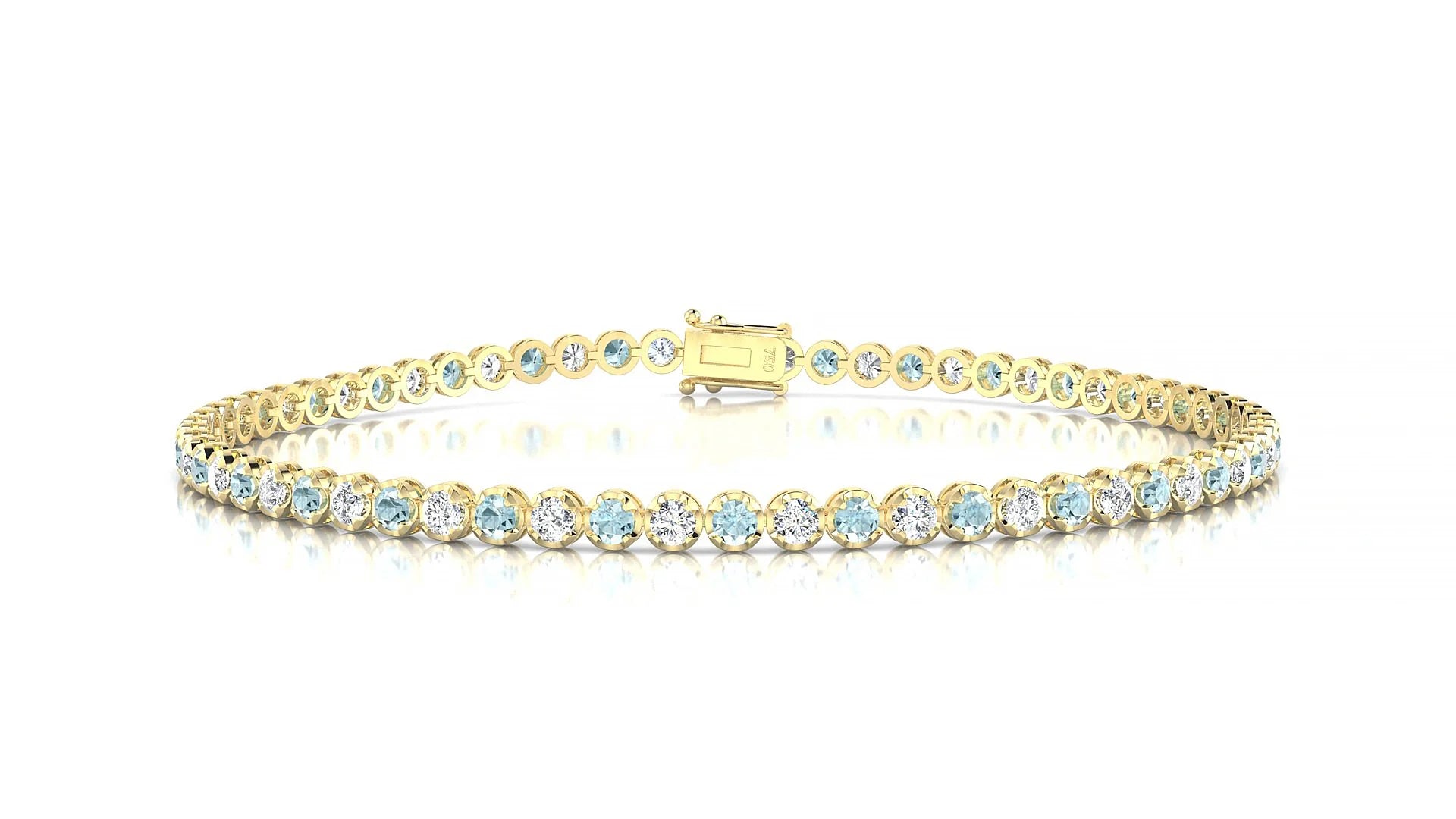 Bengal 1-1 | 18k Yellow Gold 2 mm Round Natural Aquamarine & Diamond Tennis Bracelet