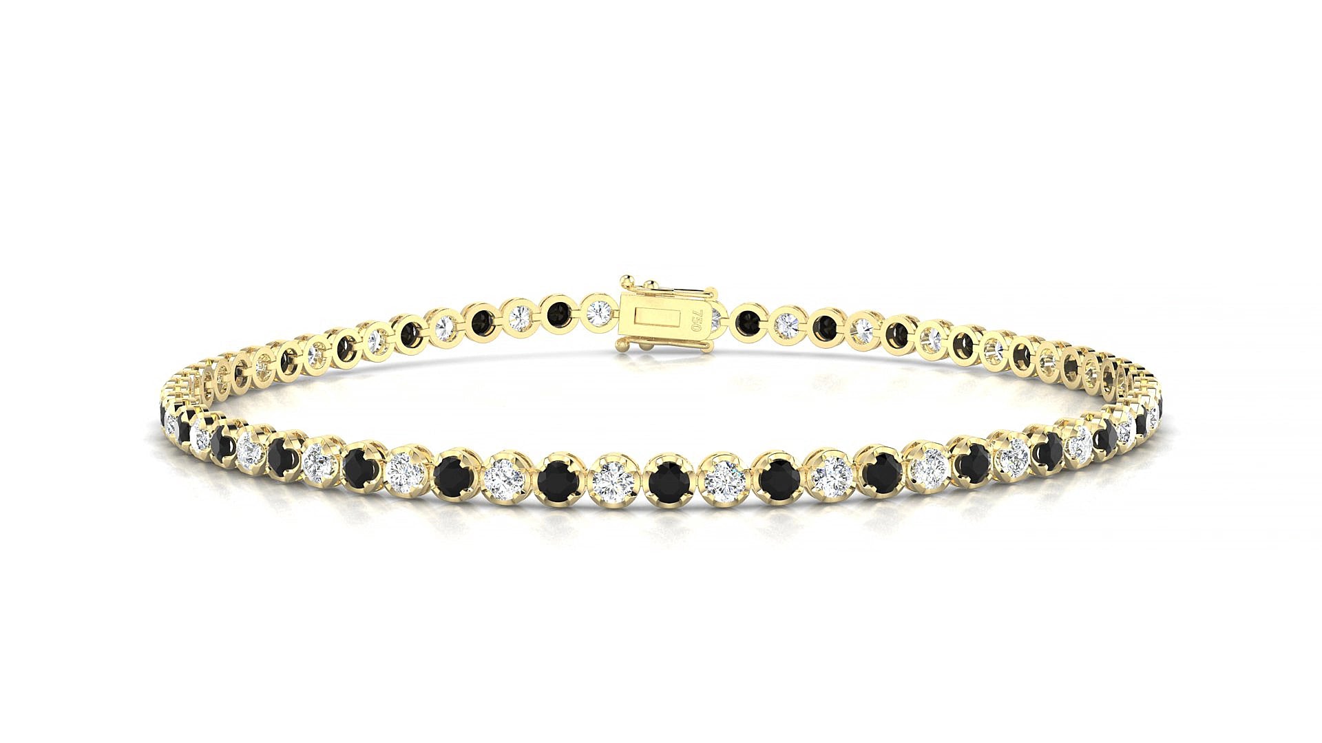 Bengal 1-1 | 18k Yellow Gold 2 mm Round Natural Black Diamond & Diamond 15 cm Tennis Bracelet