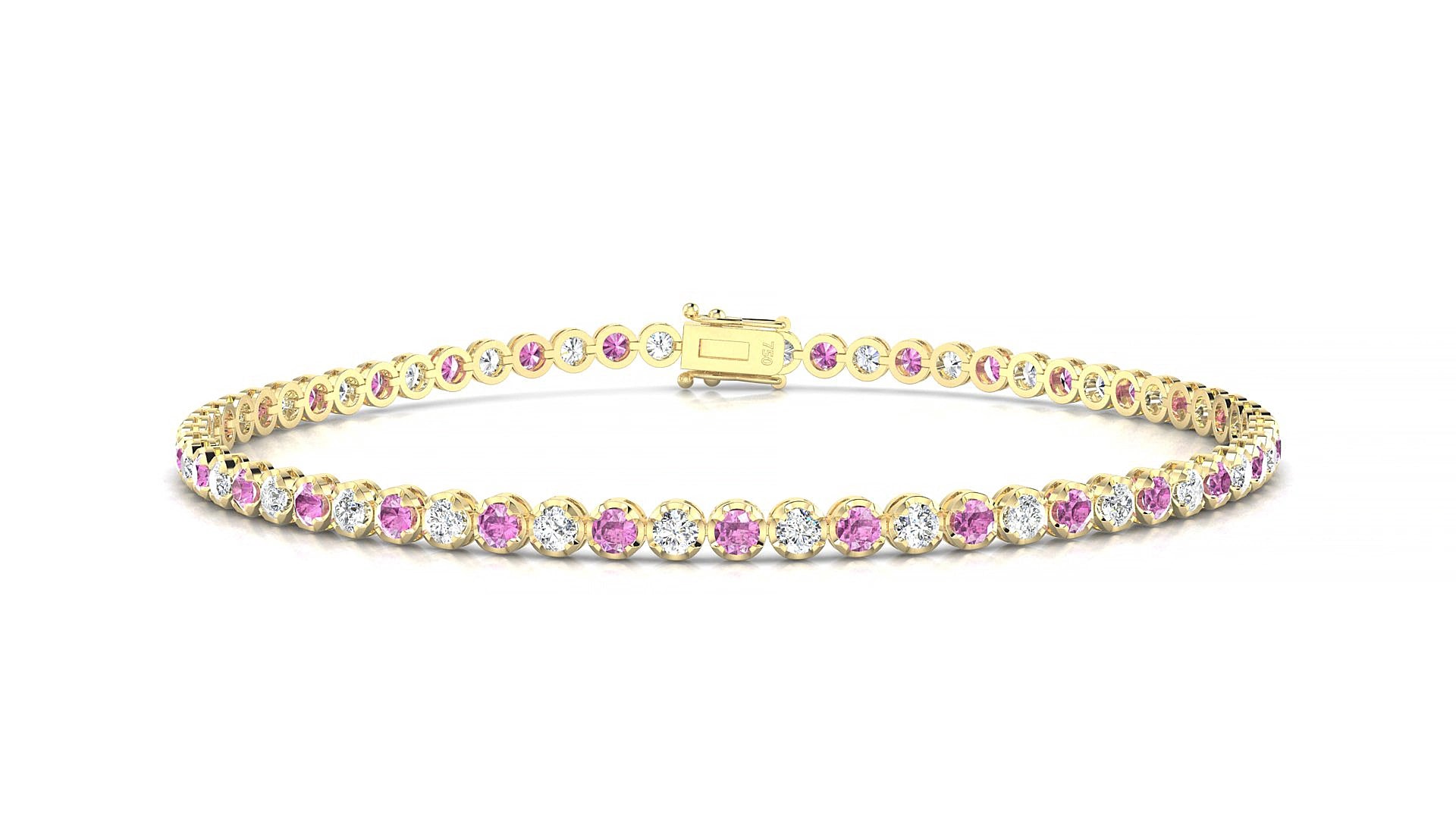 Bengal 1-1 | 18k Yellow Gold 2 mm Round Natural Pink Sapphire & Diamond 15 cm Tennis Bracelet