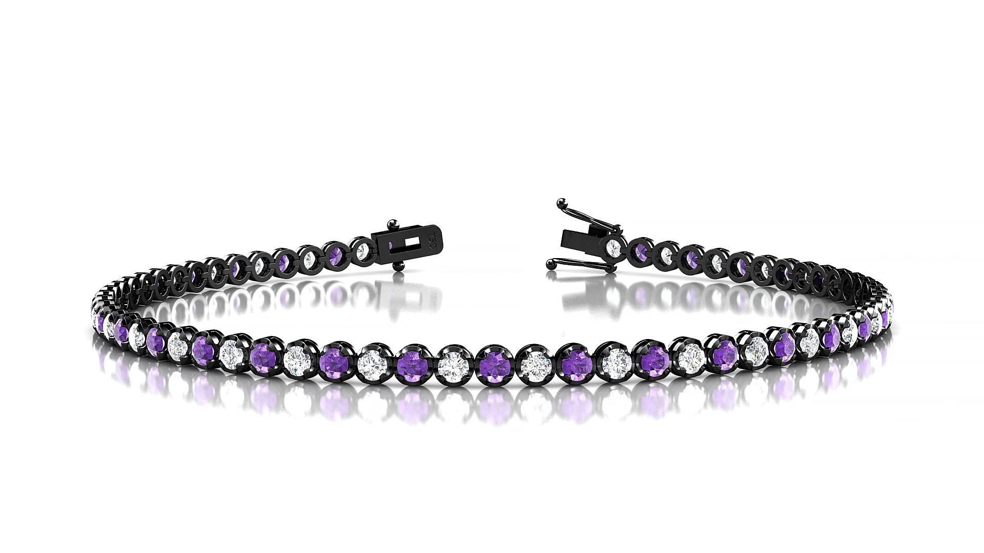 Bengal 1-1 | 18k Black Gold 2 mm Round Natural Amethyst & Diamond 18 cm Tennis Bracelet