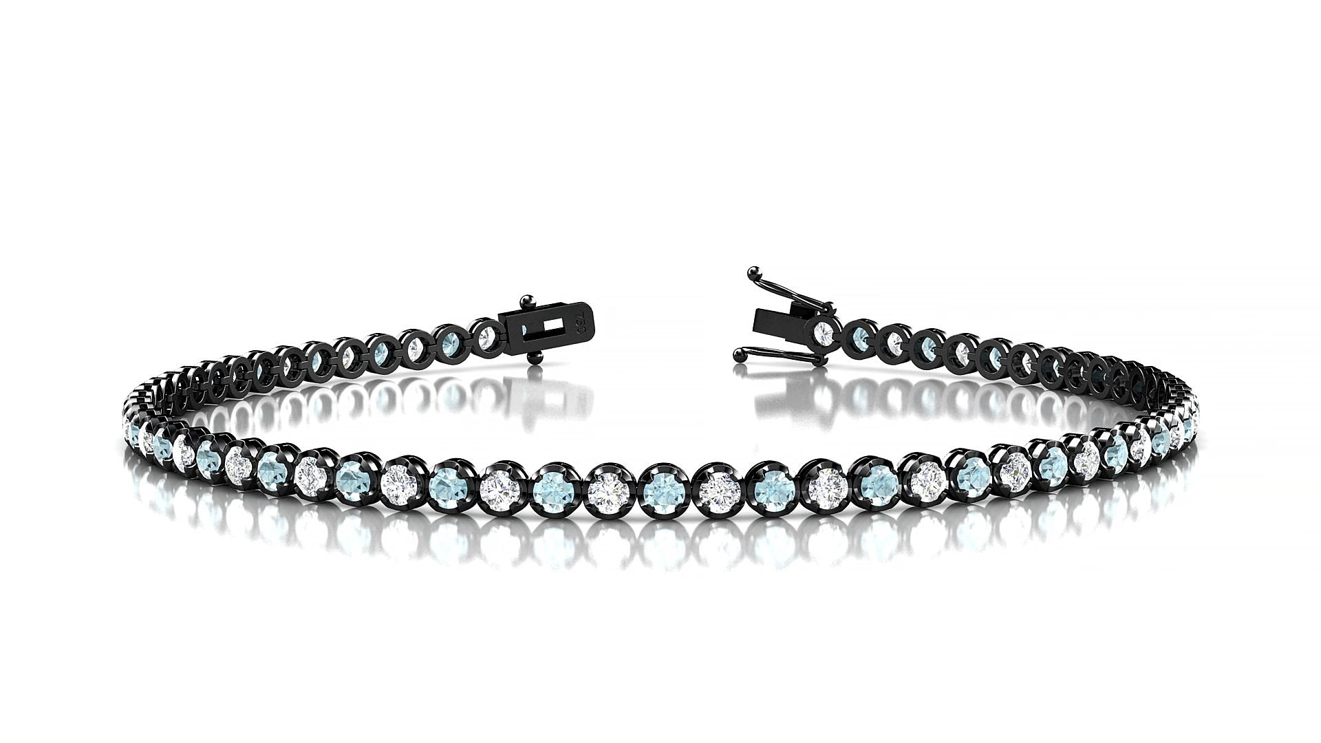 Bengal 1-1 | 18k Black Gold 2 mm Round Natural Aquamarine & Diamond 15 cm Tennis Bracelet