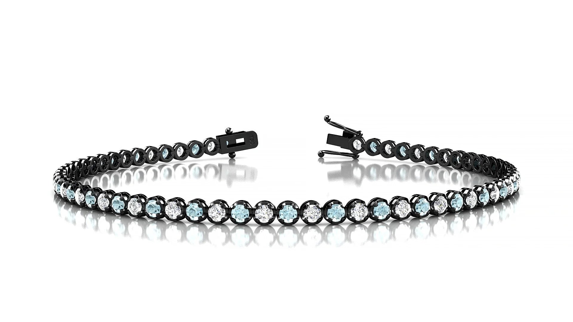 Bengal 1-1 | 18k Black Gold 2 mm Round Natural Aquamarine & Diamond Tennis Bracelet