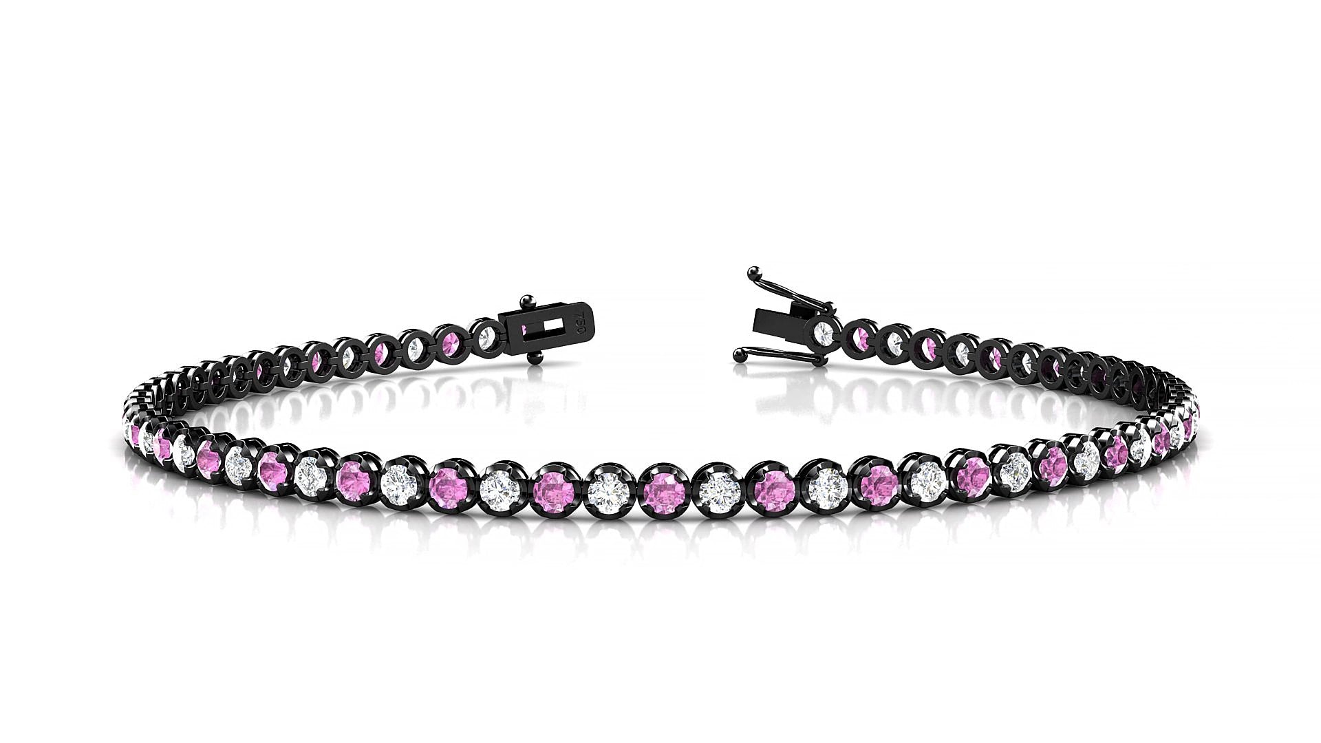 Bengal 1-1 | 18k Black Gold 2 mm Round Natural Pink Sapphire & Diamond 15 cm Tennis Bracelet