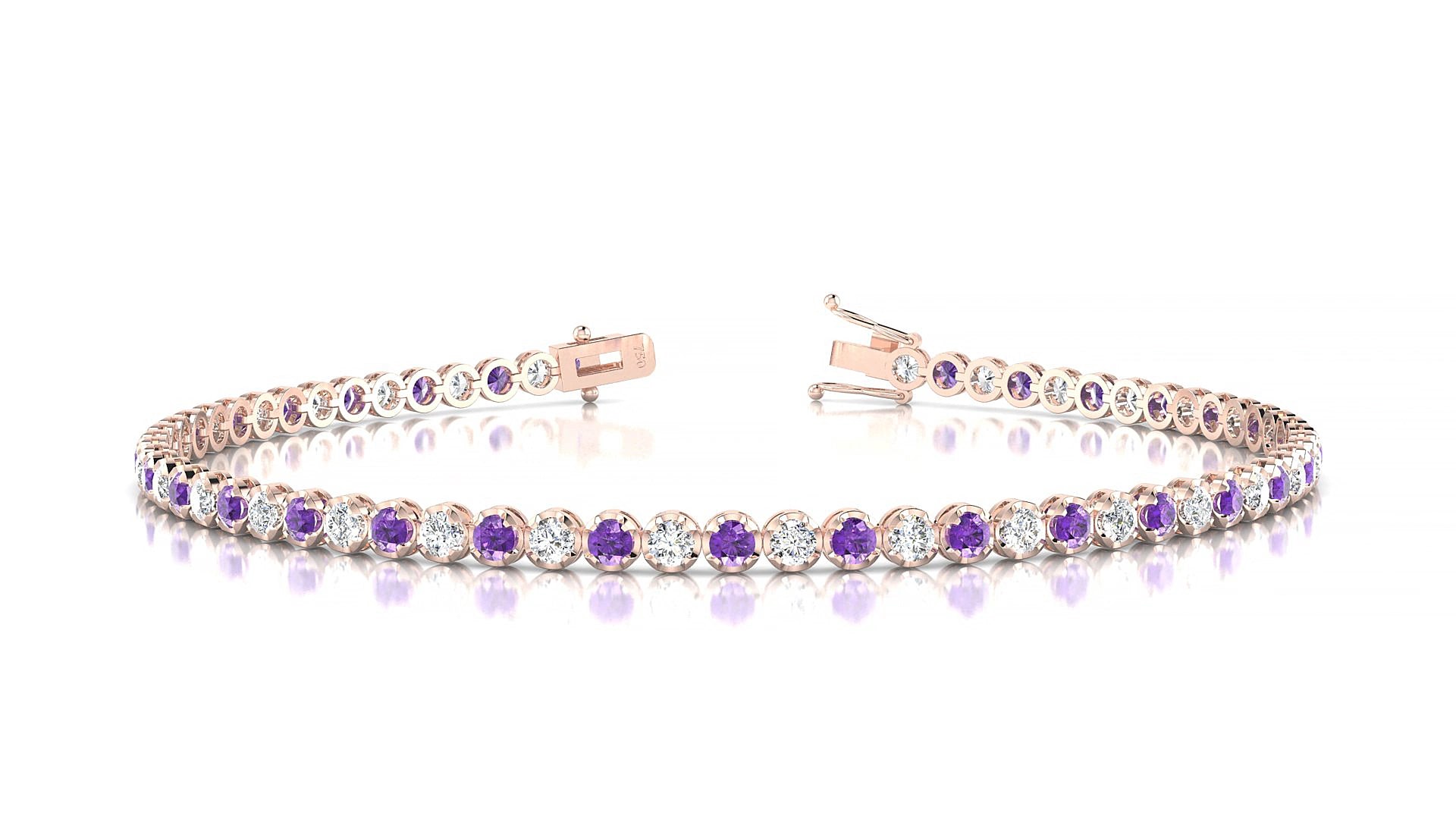 Bengal 1-1 | 18k Rose Gold 2 mm Round Natural Amethyst & Diamond 17 cm Tennis Bracelet