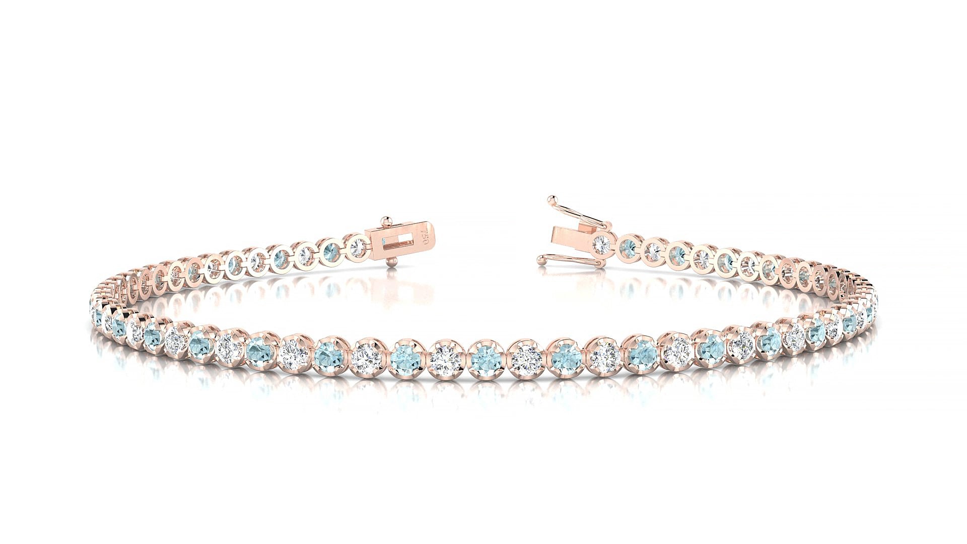 Bengal 1-1 | 18k Rose Gold 2 mm Round Natural Aquamarine & Diamond 20 cm Tennis Bracelet