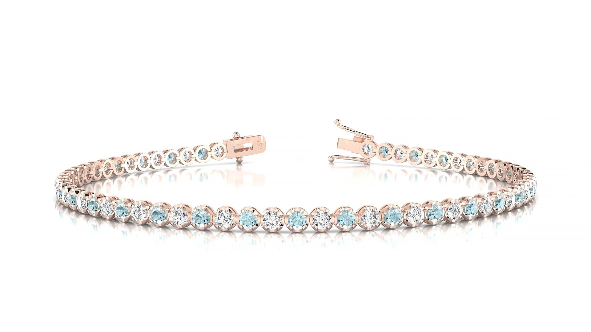 Bengal 1-1 | 18k Rose Gold 2 mm Round Natural Aquamarine & Diamond Tennis Bracelet