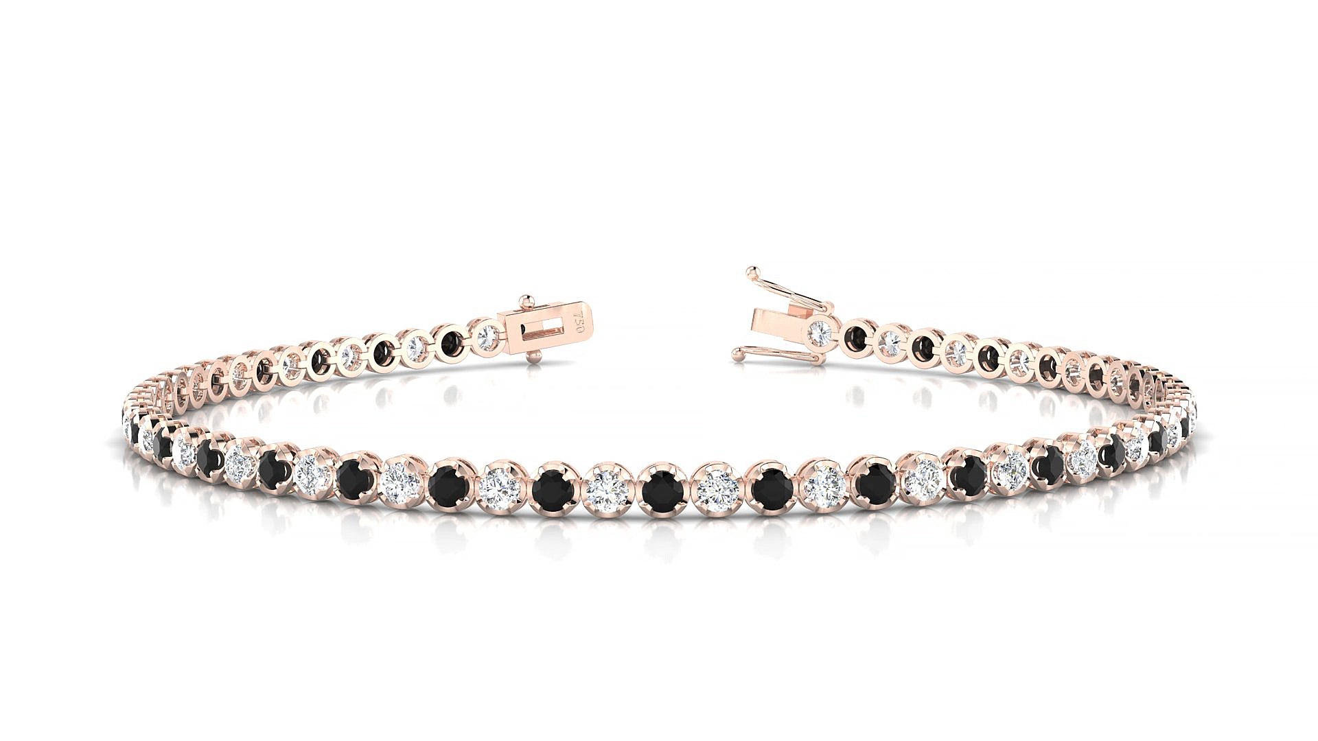 Bengal 1-1 | 18k Rose Gold 2 mm Round Natural Black Diamond & Diamond 15 cm Tennis Bracelet