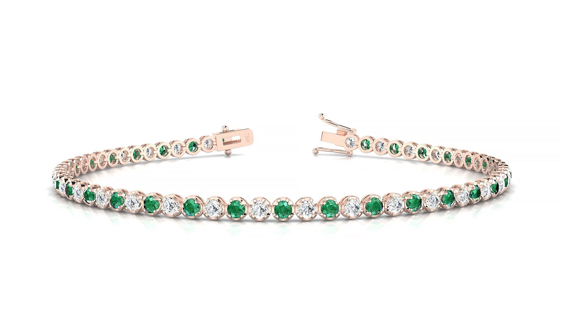 Bengal 1-1 | 18k Rose Gold 2 mm Round Natural Emerald & Diamond Tennis Bracelet
