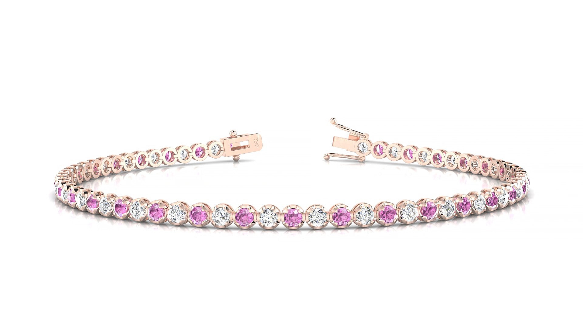Bengal 1-1 | 18k Rose Gold 2 mm Round Natural Pink Sapphire & Diamond 15 cm Tennis Bracelet