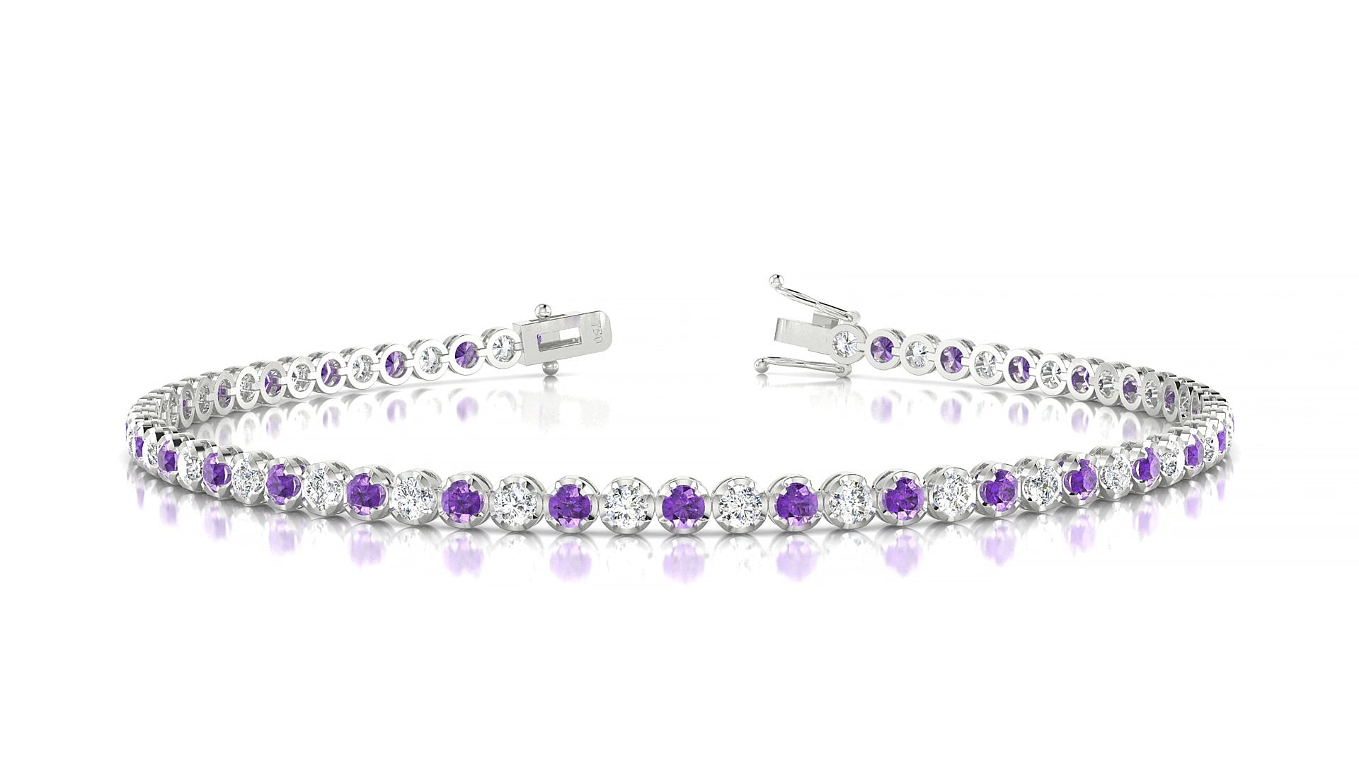 Bengal 1-1 | 18k White Gold 2 mm Round Natural Amethyst & Diamond 20 cm Tennis Bracelet
