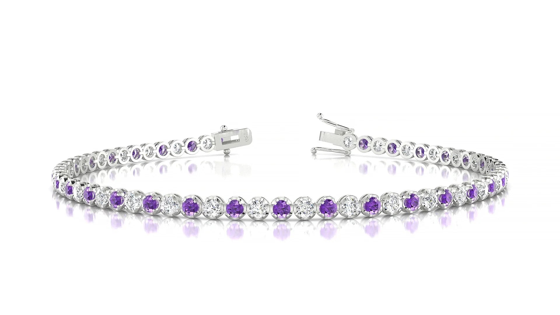 Bengal 1-1 | 18k White Gold 2 mm Round Natural Amethyst & Diamond Tennis Bracelet