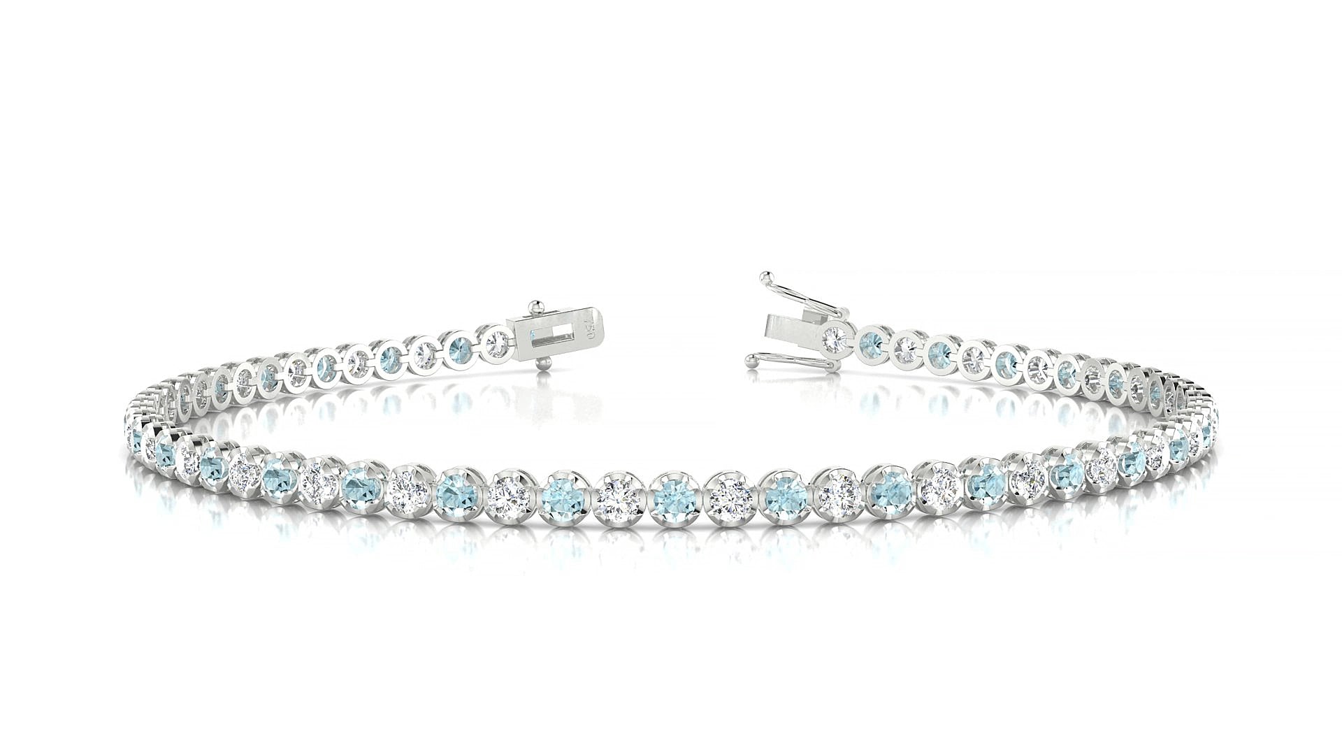 Bengal 1-1 | 18k White Gold 2 mm Round Natural Aquamarine & Diamond 15 cm Tennis Bracelet