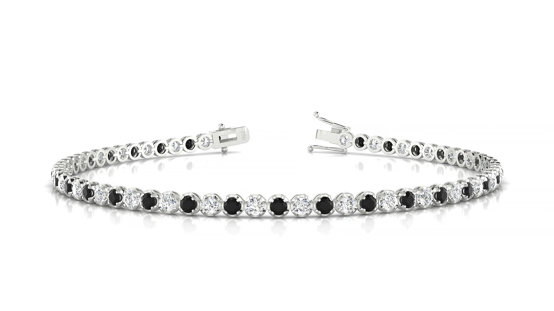 Bengal 1-1 | 18k White Gold 2 mm Round Natural Black Diamond & Diamond 15 cm Tennis Bracelet
