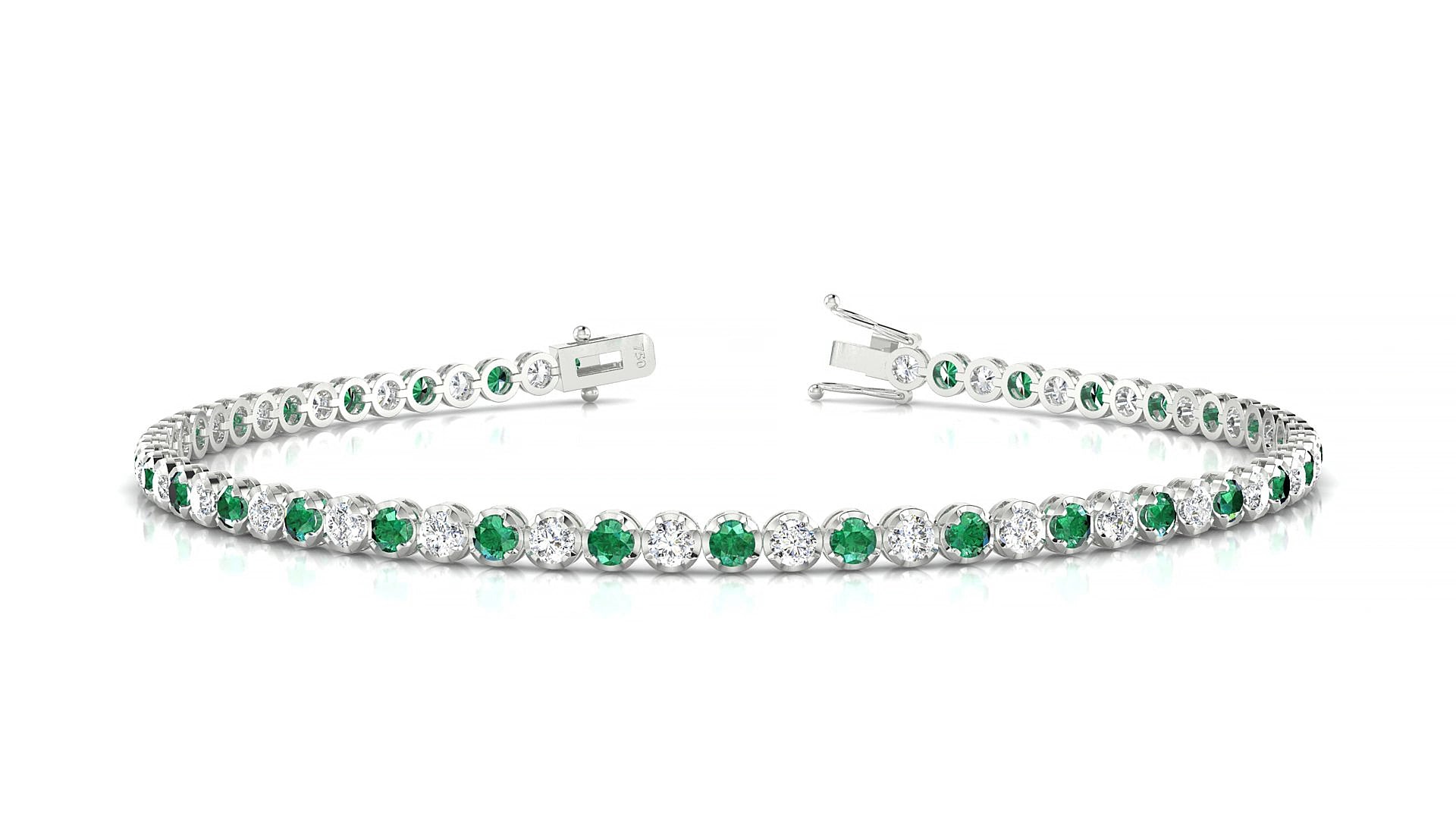 Bengal 1-1 | 18k White Gold 2 mm Round Natural Emerald & Diamond 18 cm Tennis Bracelet