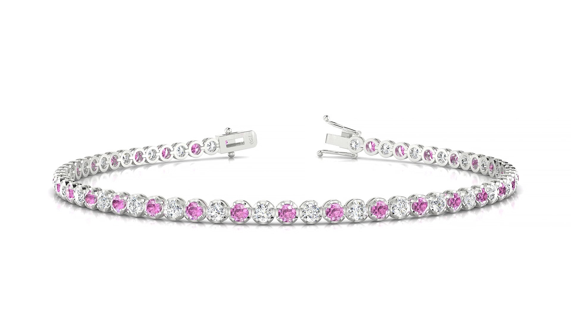 Bengal 1-1 | 18k White Gold 2 mm Round Natural Pink Sapphire & Diamond 15 cm Tennis Bracelet