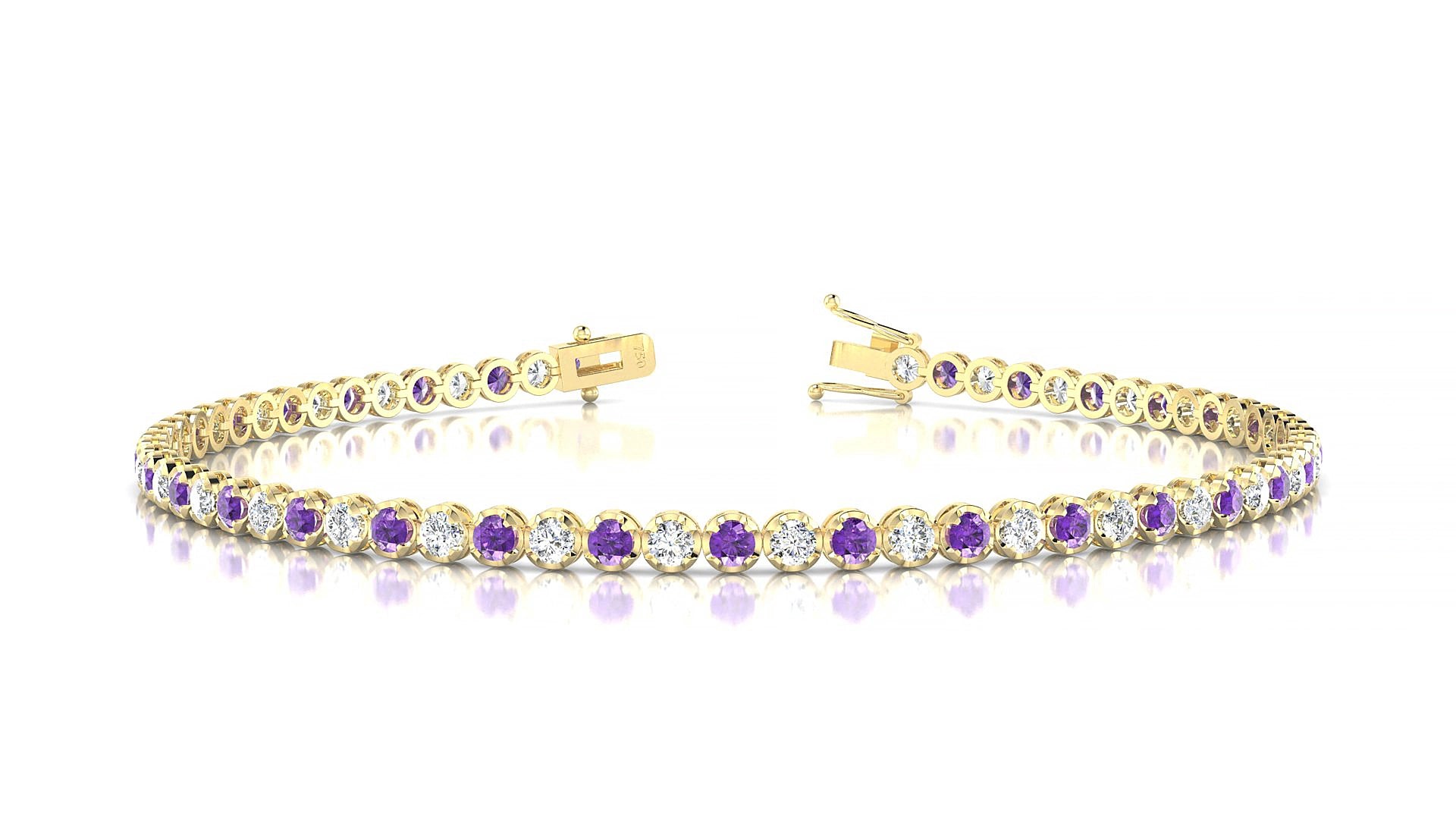 Bengal 1-1 | 18k Yellow Gold 2 mm Round Natural Amethyst & Diamond 18 cm Tennis Bracelet