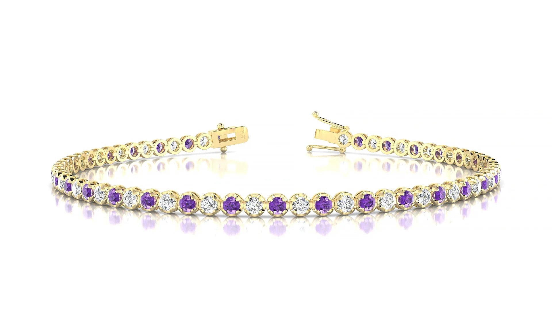 Bengal 1-1 | 18k Yellow Gold 2 mm Round Natural Amethyst & Diamond Tennis Bracelet