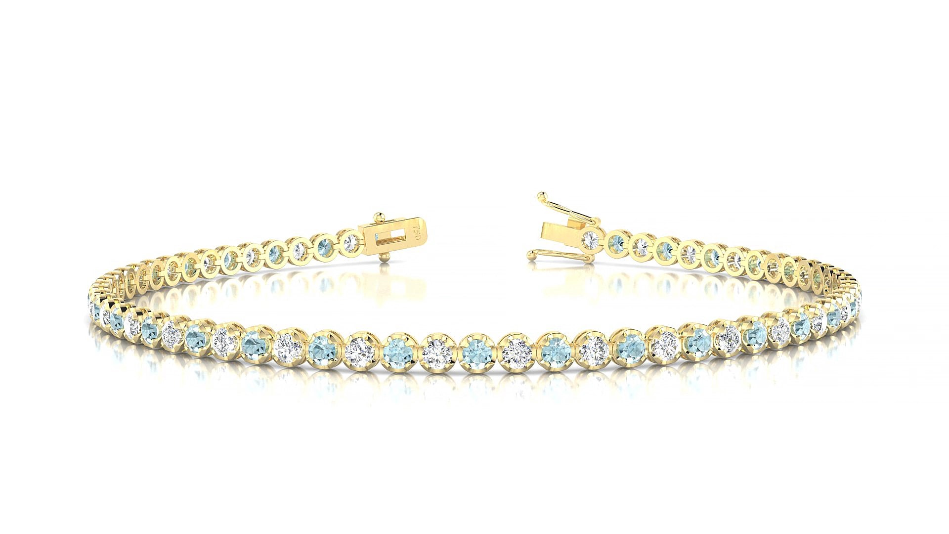 Bengal 1-1 | 18k Yellow Gold 2 mm Round Natural Aquamarine & Diamond 15 cm Tennis Bracelet