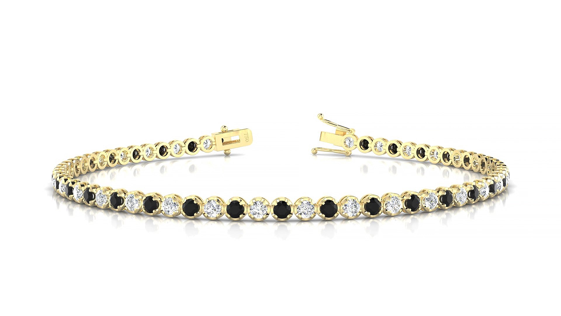 Bengal 1-1 | 18k Yellow Gold 2 mm Round Natural Black Diamond & Diamond 20 cm Tennis Bracelet