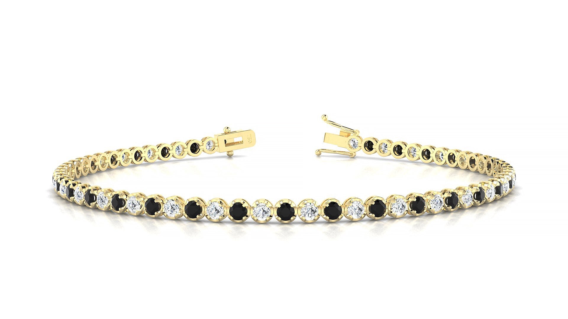Bengal 1-1 | 18k Yellow Gold 2 mm Round Natural Black Diamond & Diamond Tennis Bracelet
