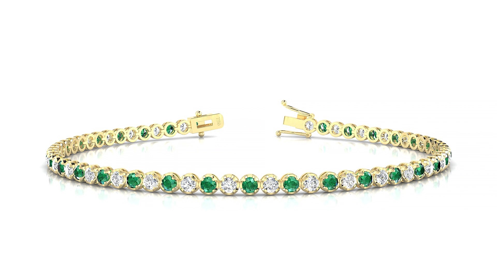 Bengal 1-1 | 18k Yellow Gold 2 mm Round Natural Emerald & Diamond 15 cm Tennis Bracelet