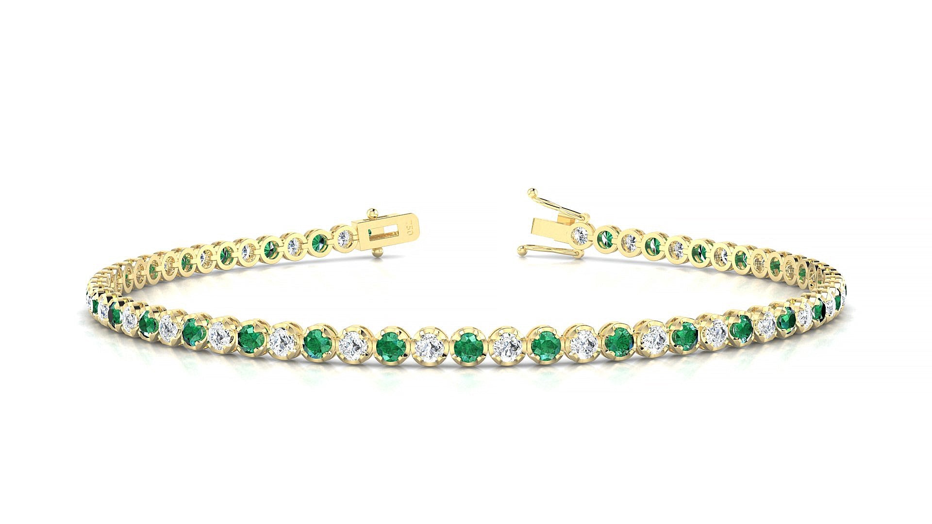 Bengal 1-1 | 18k Yellow Gold 2 mm Round Natural Emerald & Diamond Tennis Bracelet
