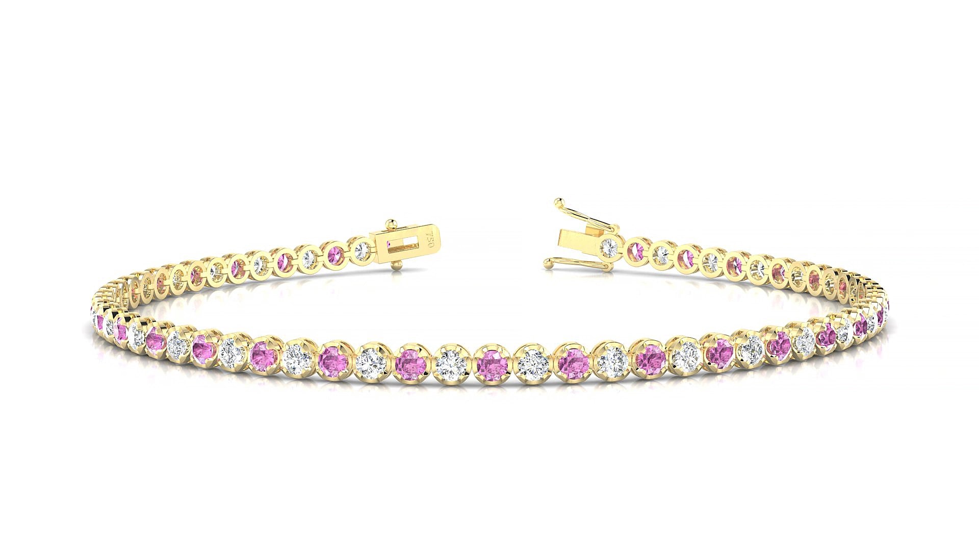 Bengal 1-1 | 18k Yellow Gold 2 mm Round Natural Pink Sapphire & Diamond 20 cm Tennis Bracelet