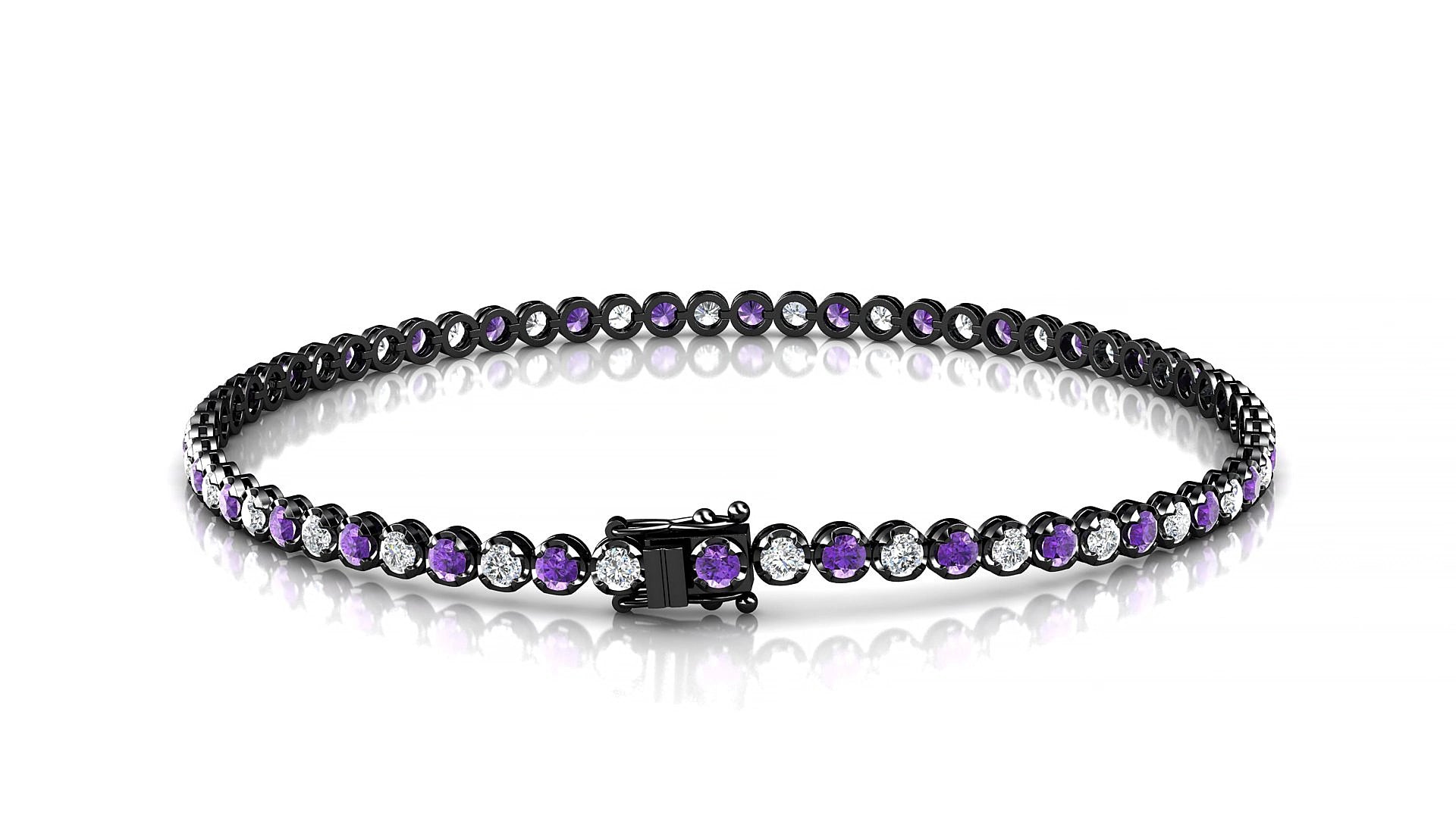 Bengal 1-1 | 18k Black Gold 2 mm Round Natural Amethyst & Diamond 19 cm Tennis Bracelet