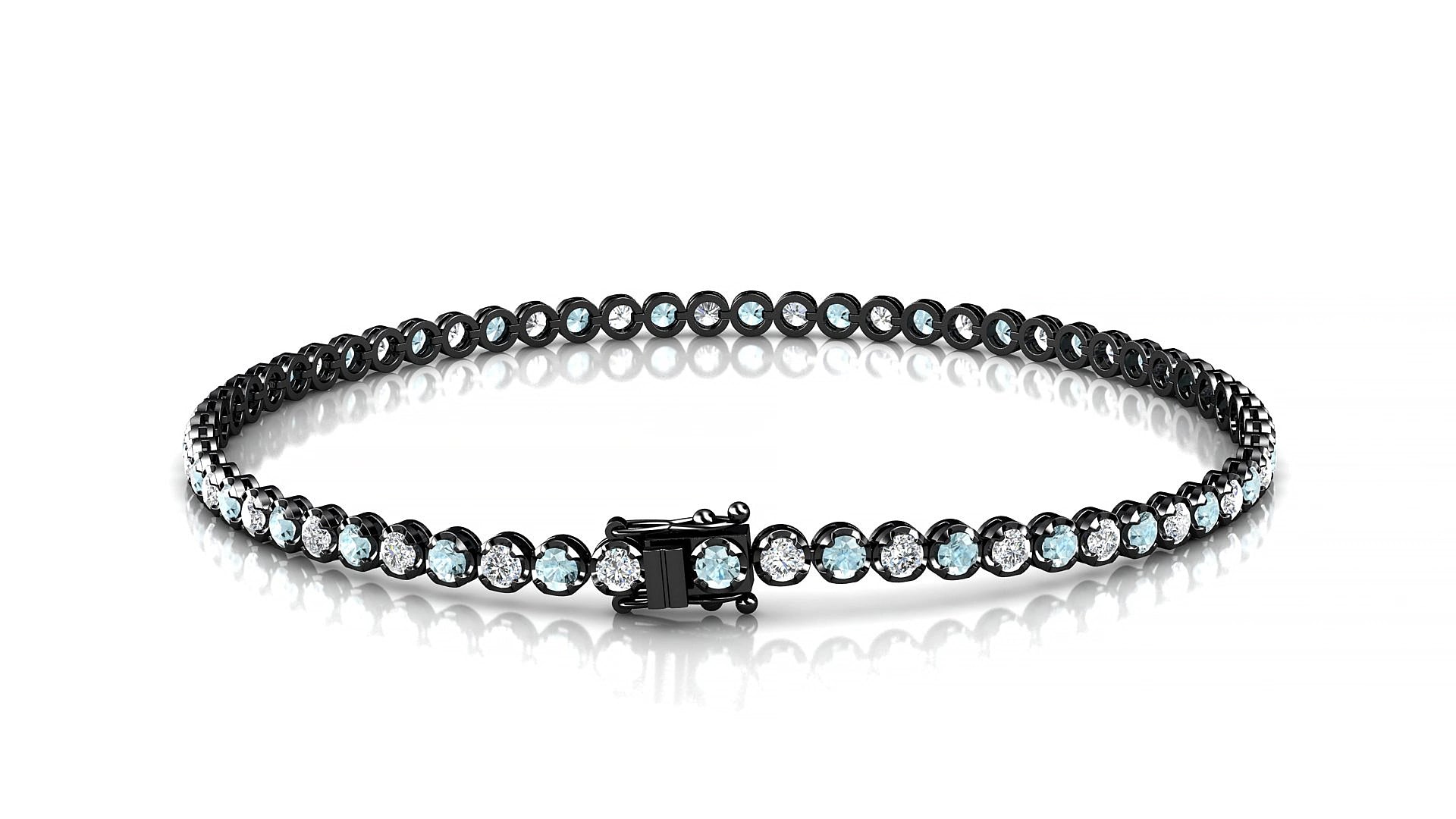 Bengal 1-1 | 18k Black Gold 2 mm Round Natural Aquamarine & Diamond 17 cm Tennis Bracelet