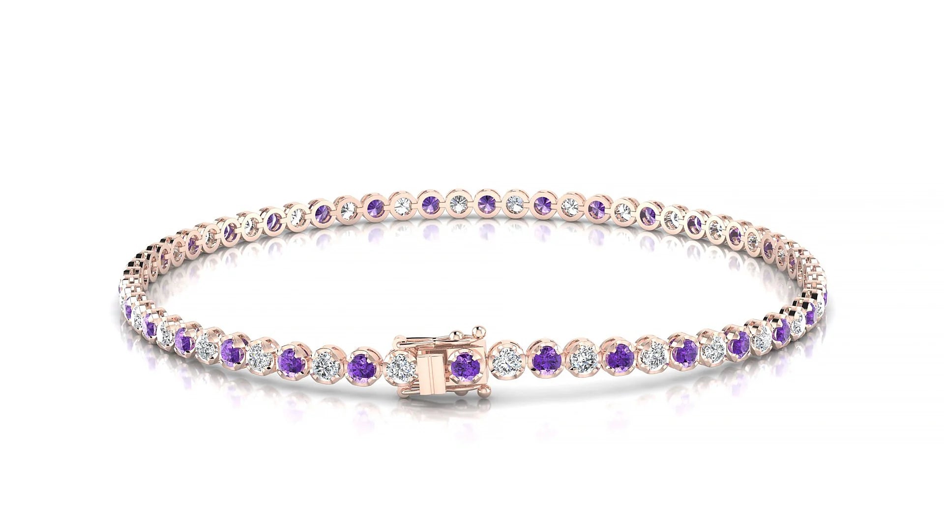 Bengal 1-1 | 18k Rose Gold 2 mm Round Natural Amethyst & Diamond Tennis Bracelet
