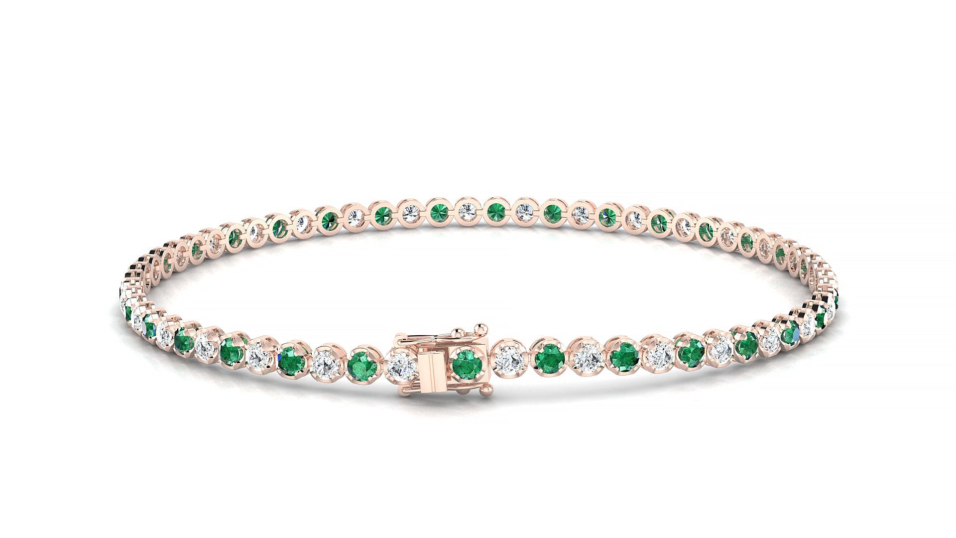 Bengal 1-1 | 18k Rose Gold 2 mm Round Natural Emerald & Diamond Tennis Bracelet