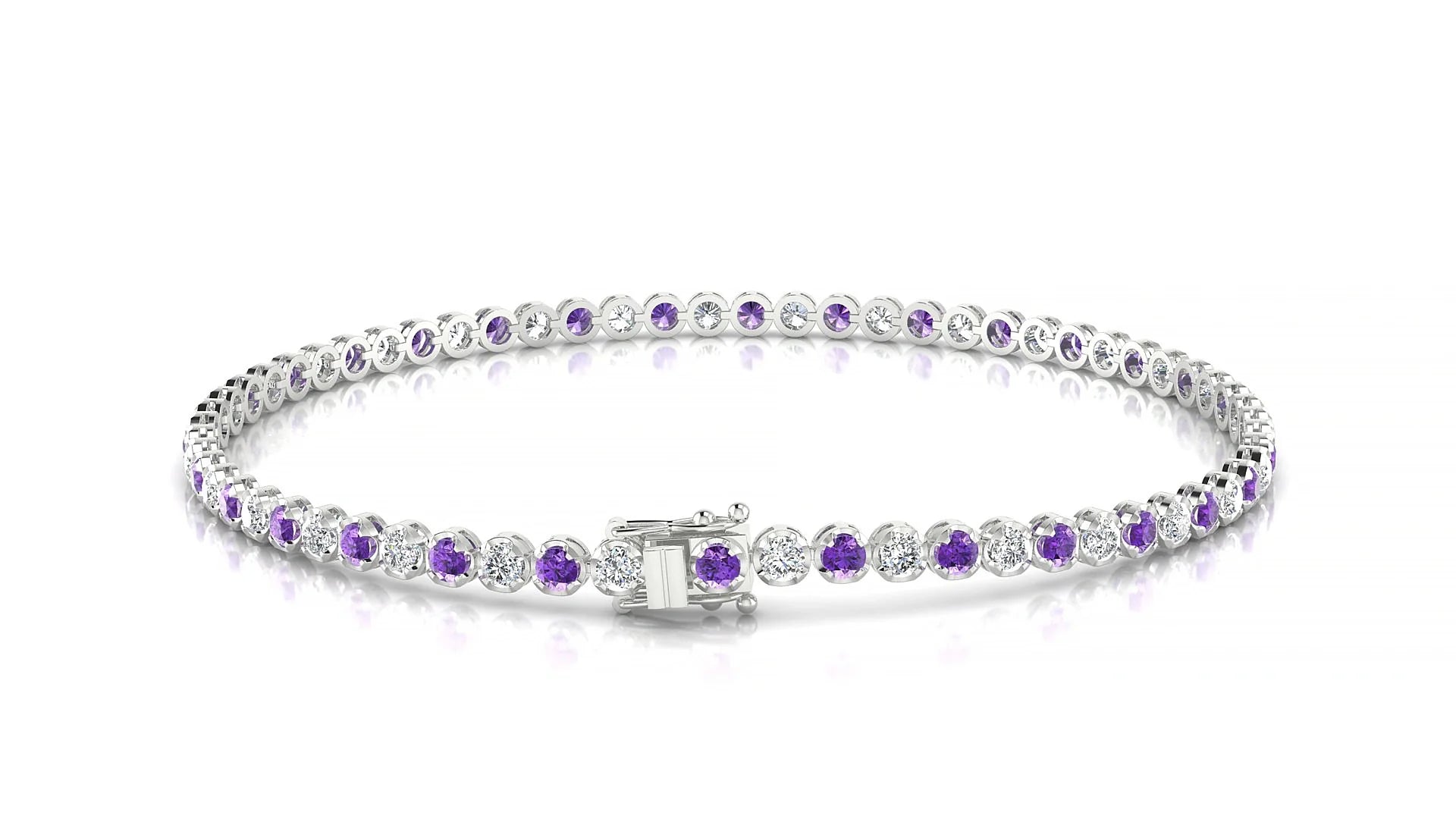 Bengal 1-1 | 18k White Gold 2 mm Round Natural Amethyst & Diamond Tennis Bracelet