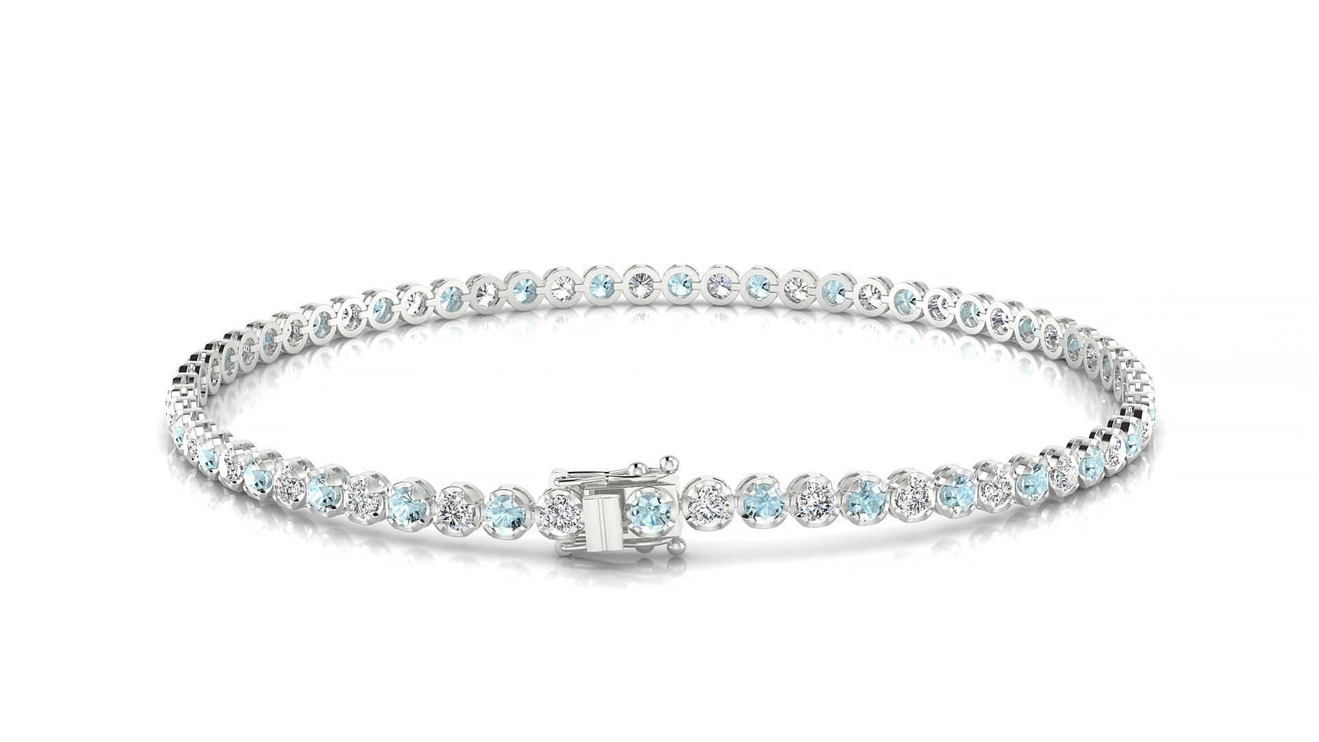 Bengal 1-1 | 18k White Gold 2 mm Round Natural Aquamarine & Diamond 18 cm Tennis Bracelet