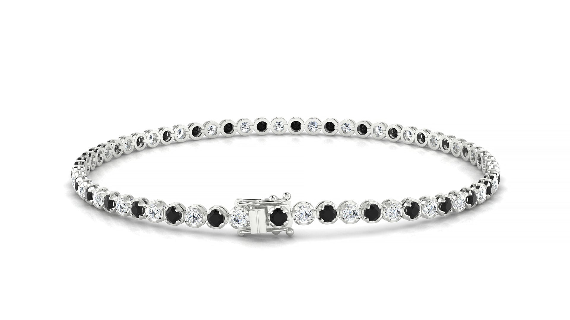 Bengal 1-1 | 18k White Gold 2 mm Round Natural Black Diamond & Diamond Tennis Bracelet