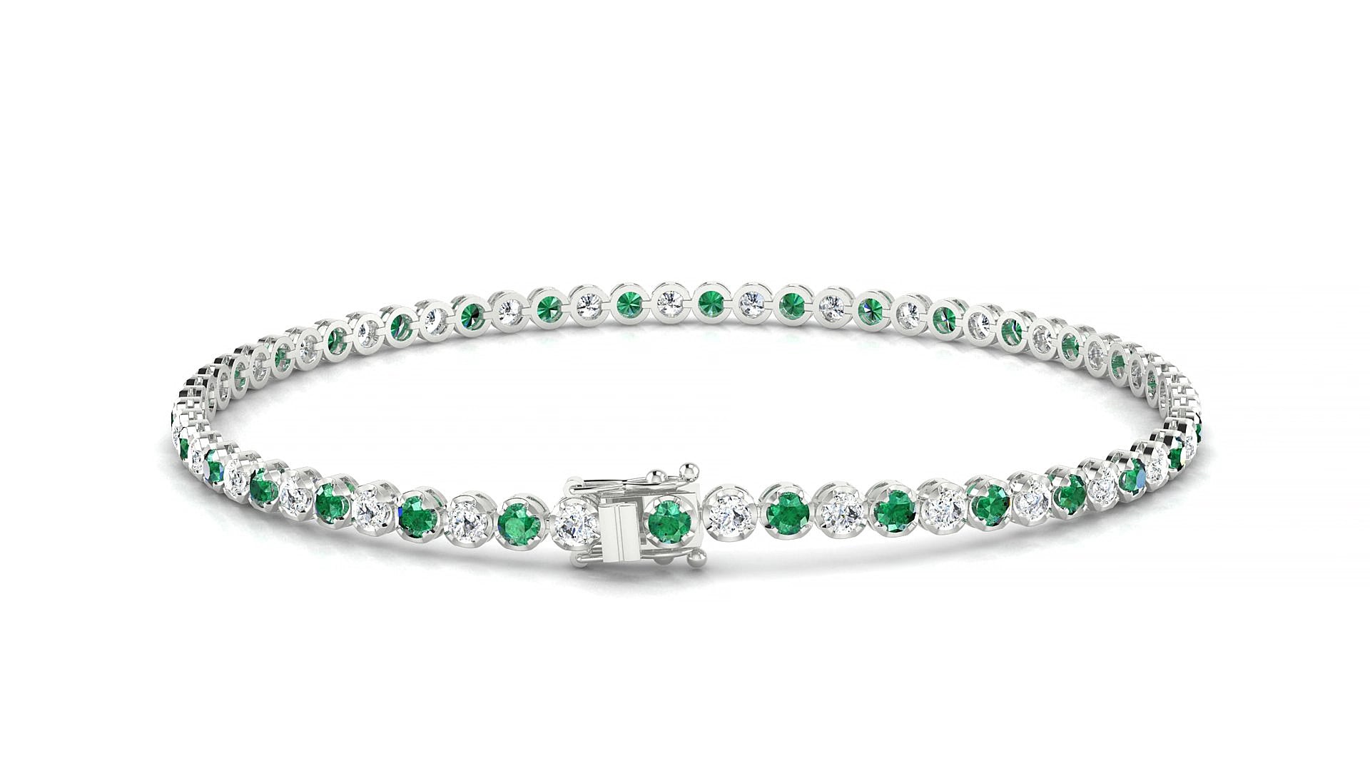 Bengal 1-1 | 18k White Gold 2 mm Round Natural Emerald & Diamond 17 cm Tennis Bracelet