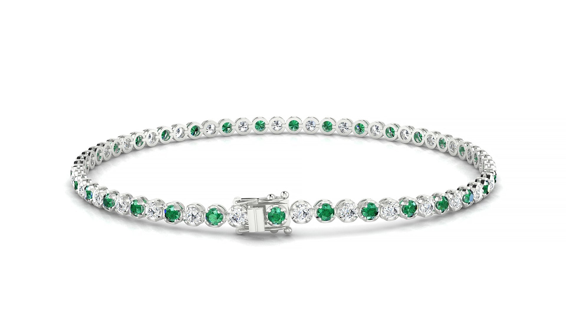 Bengal 1-1 | 18k White Gold 2 mm Round Natural Emerald & Diamond Tennis Bracelet