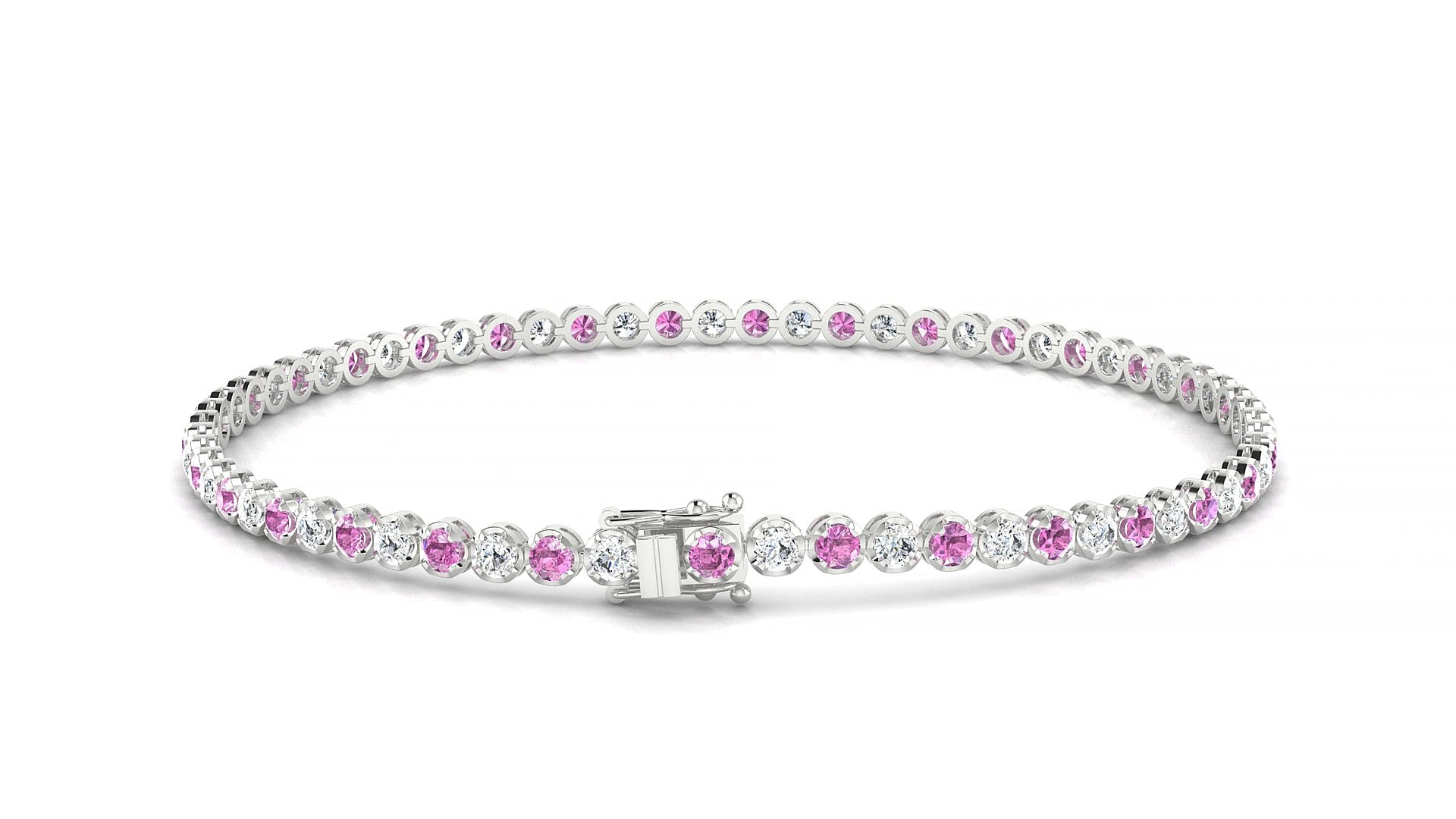 Bengal 1-1 | 18k White Gold 2 mm Round Natural Pink Sapphire & Diamond 19 cm Tennis Bracelet