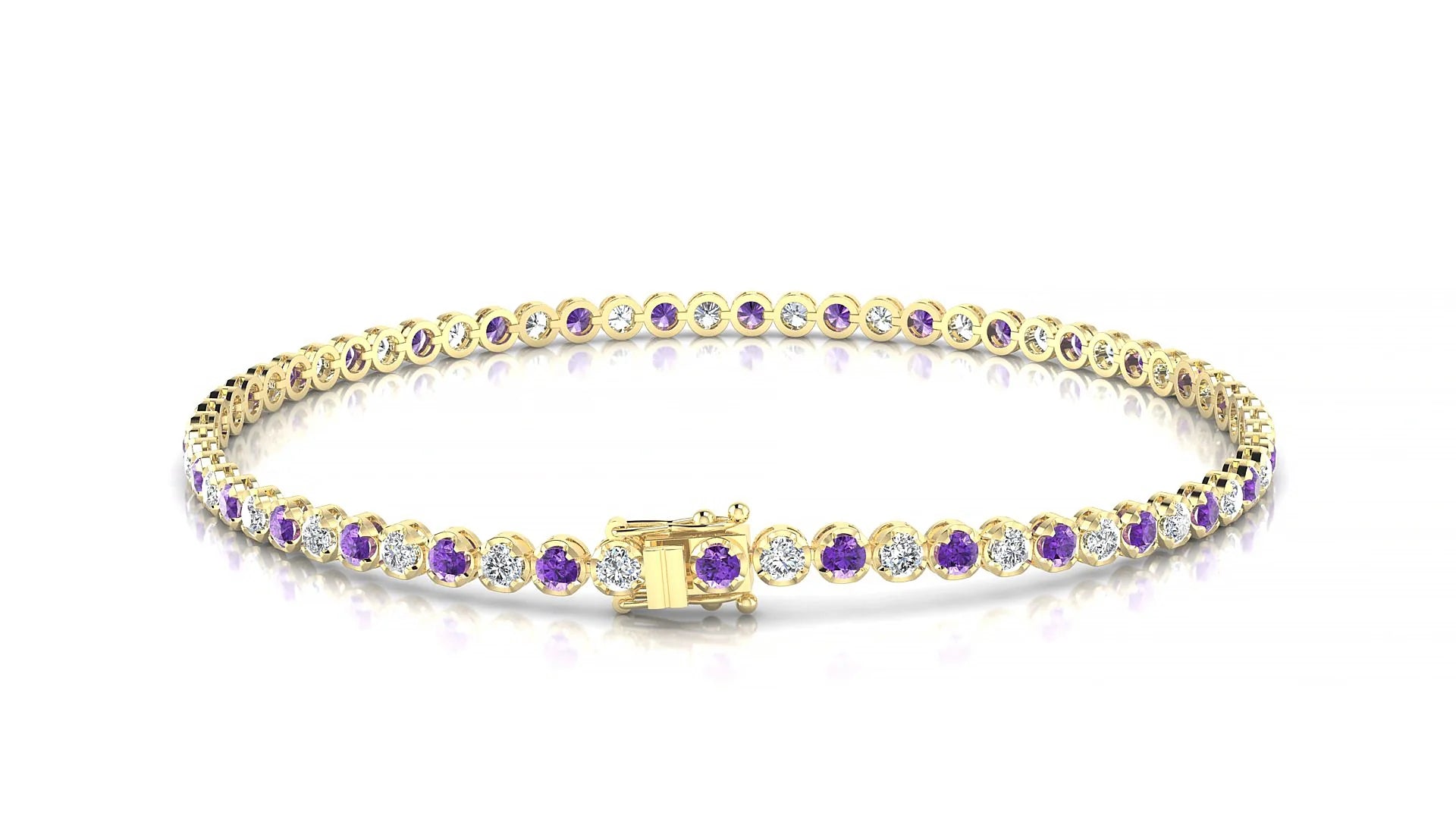 Bengal 1-1 | 18k Yellow Gold 2 mm Round Natural Amethyst & Diamond Tennis Bracelet