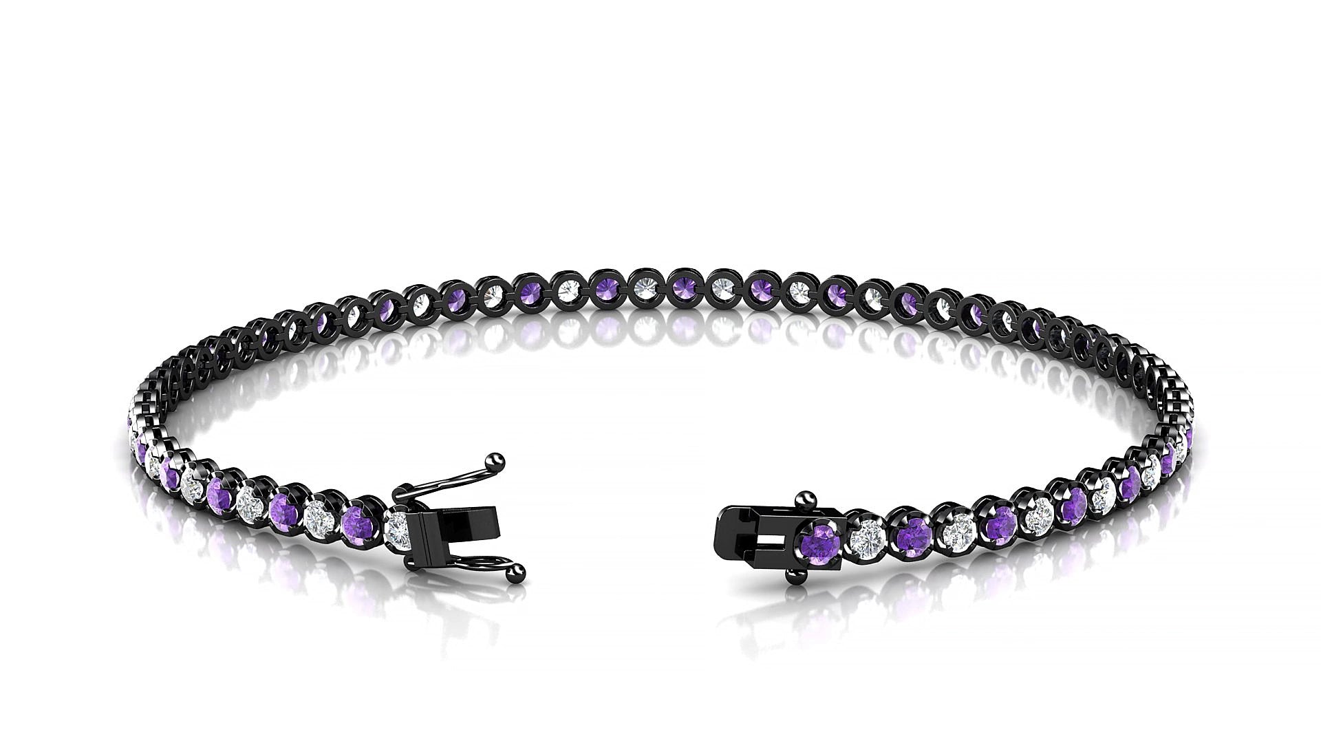Bengal 1-1 | 18k Black Gold 2 mm Round Natural Amethyst & Diamond 15 cm Tennis Bracelet