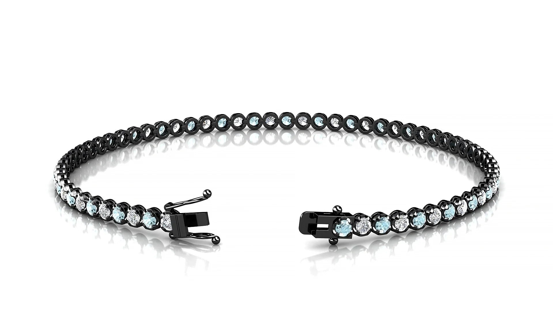 Bengal 1-1 | 18k Black Gold 2 mm Round Natural Aquamarine & Diamond Tennis Bracelet