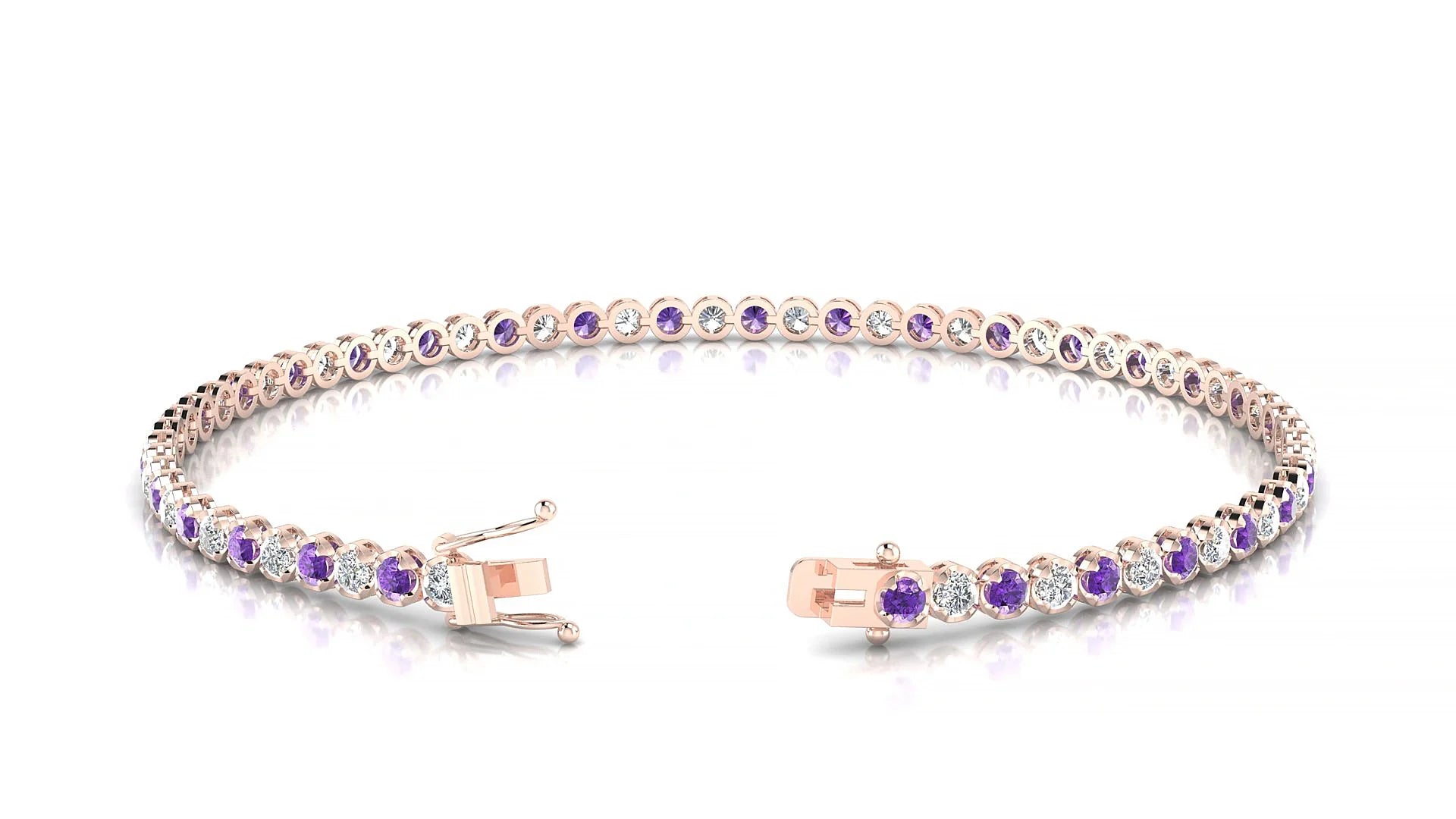 Bengal 1-1 | 18k Rose Gold 2 mm Round Natural Amethyst & Diamond Tennis Bracelet