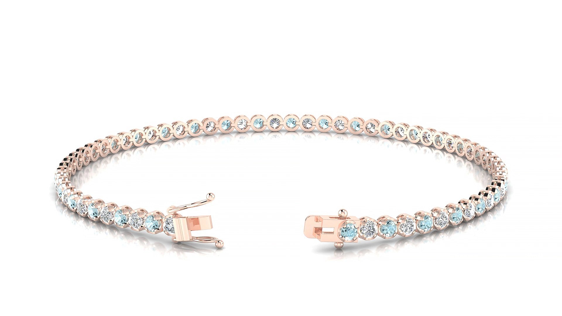 Bengal 1-1 | 18k Rose Gold 2 mm Round Natural Aquamarine & Diamond 17 cm Tennis Bracelet