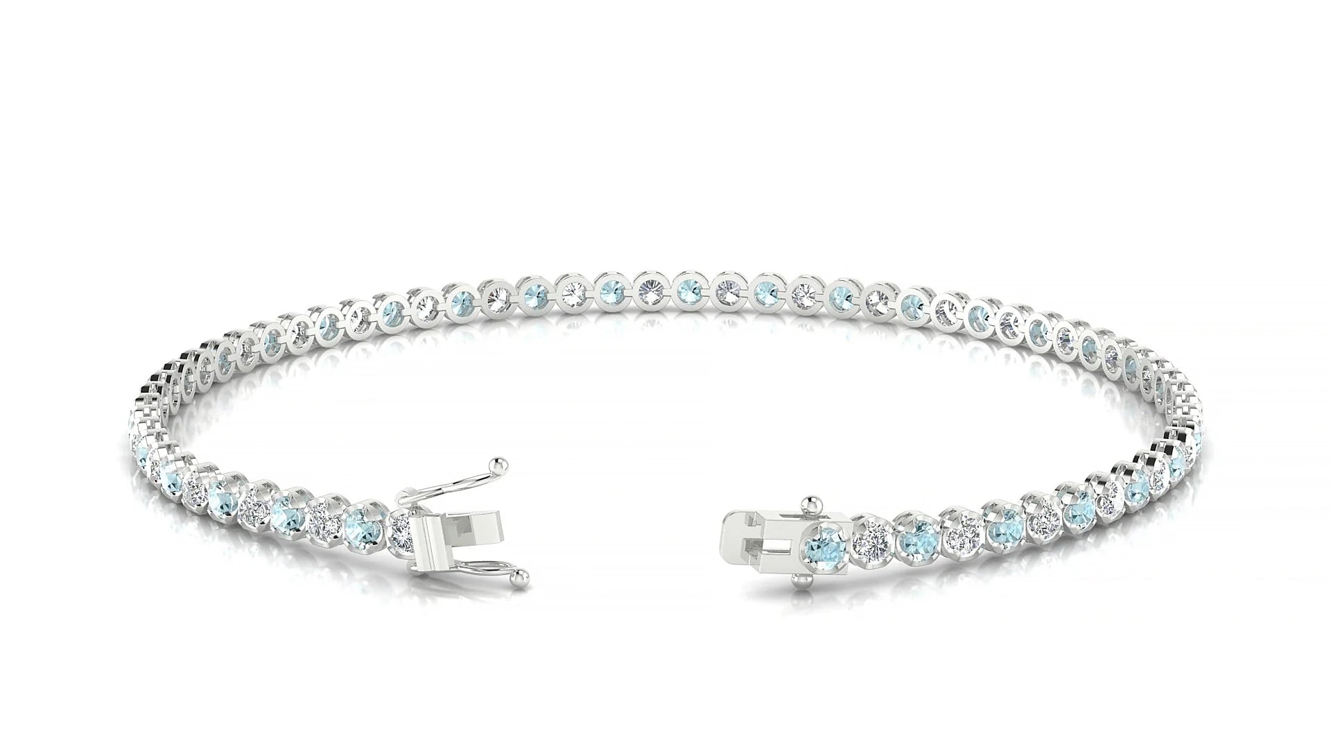 Bengal 1-1 | 18k White Gold 2 mm Round Natural Aquamarine & Diamond Tennis Bracelet