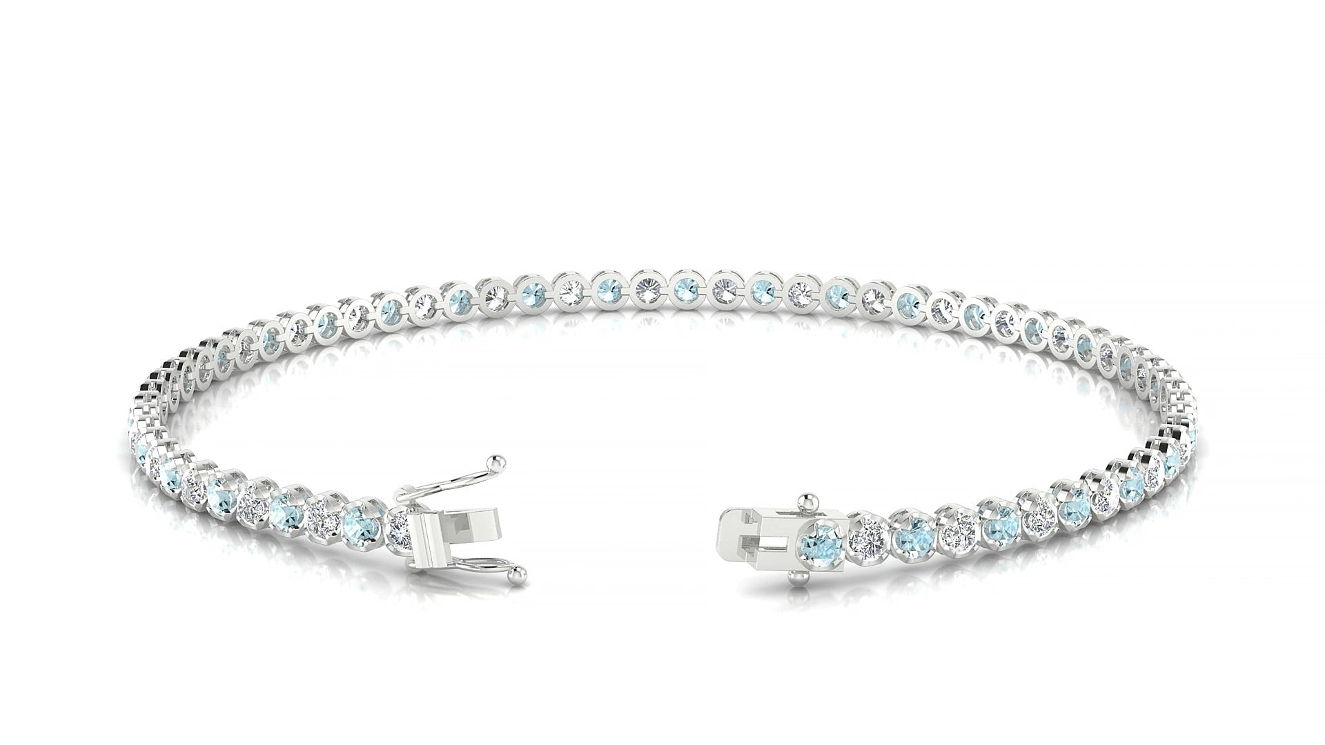 Bengal 1-1 | 18k White Gold 2 mm Round Natural Aquamarine & Diamond 15 cm Tennis Bracelet
