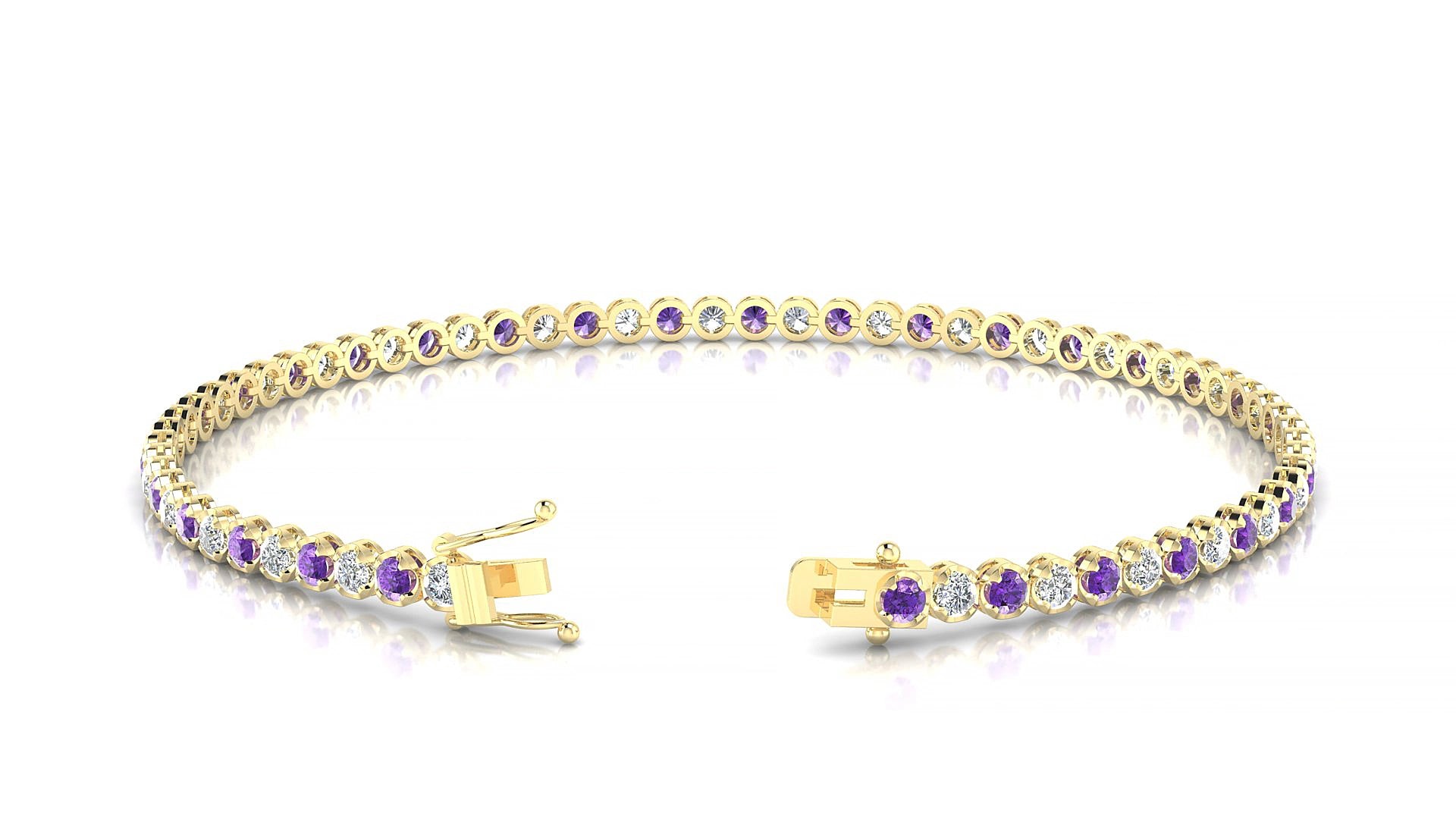 Bengal 1-1 | 18k Yellow Gold 2 mm Round Natural Amethyst & Diamond 18 cm Tennis Bracelet