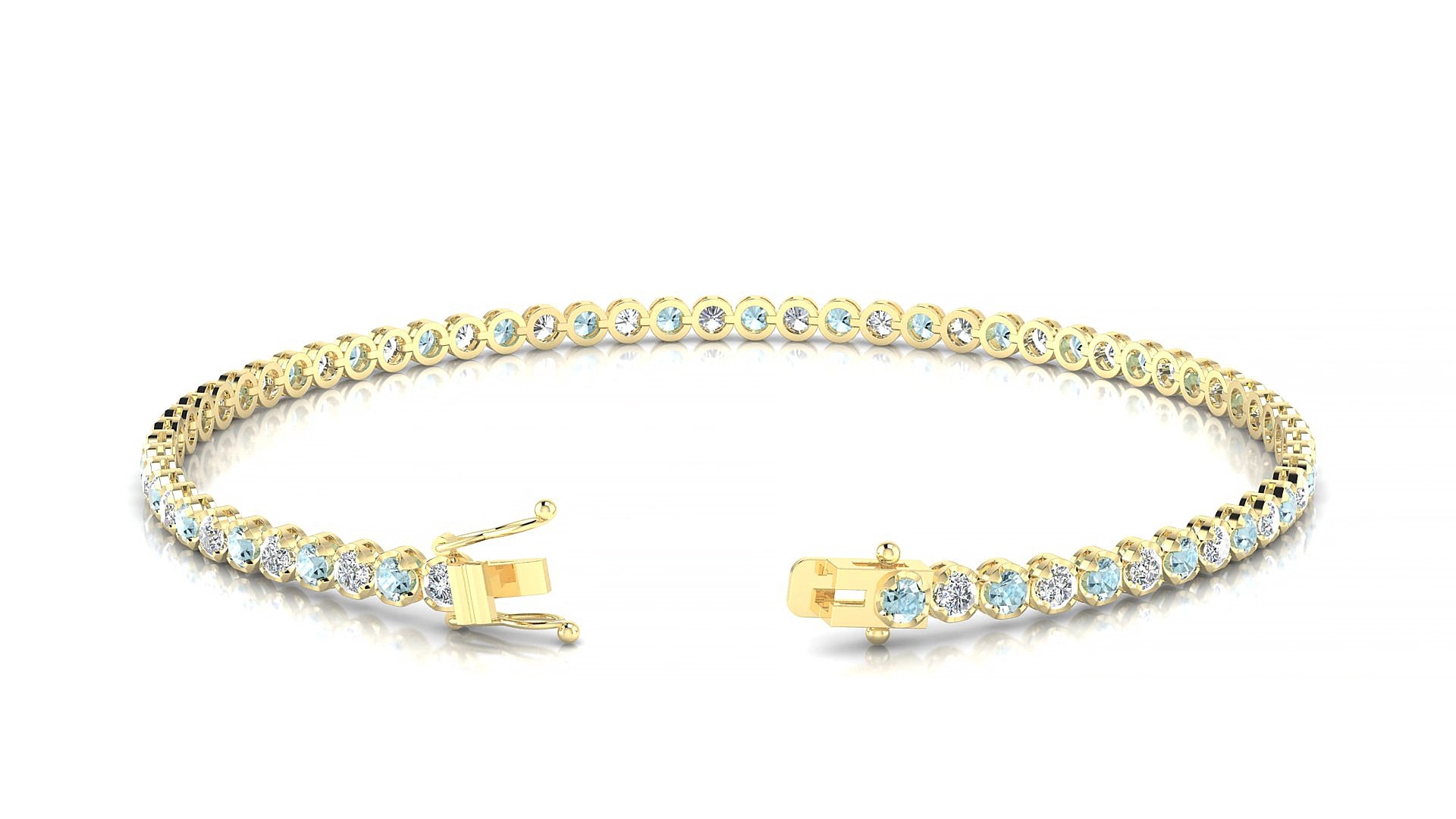 Bengal 1-1 | 18k Yellow Gold 2 mm Round Natural Aquamarine & Diamond 15 cm Tennis Bracelet