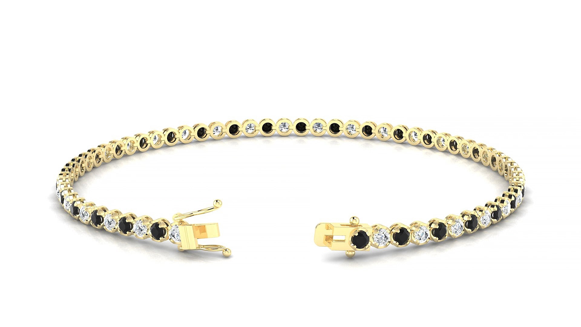 Bengal 1-1 | 18k Yellow Gold 2 mm Round Natural Black Diamond & Diamond 15 cm Tennis Bracelet