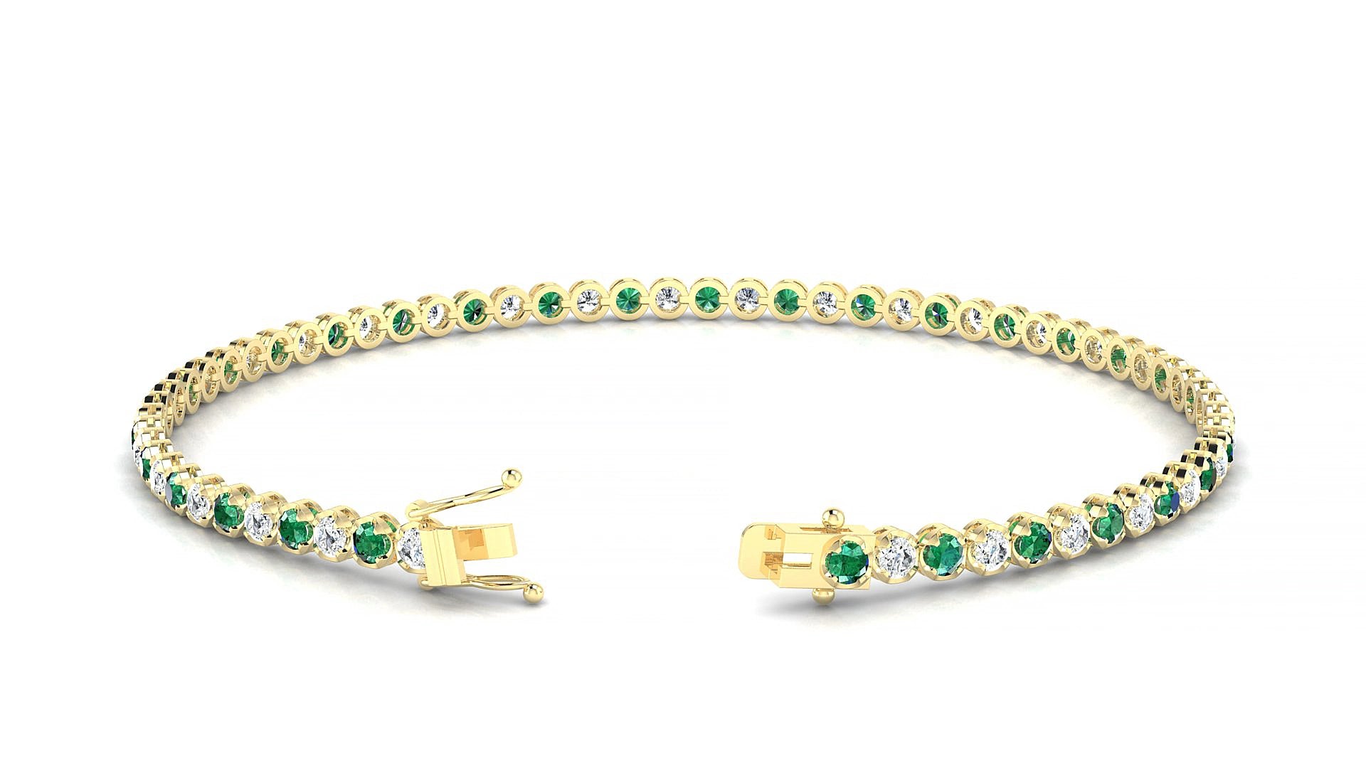 Bengal 1-1 | 18k Yellow Gold 2 mm Round Natural Emerald & Diamond 15 cm Tennis Bracelet